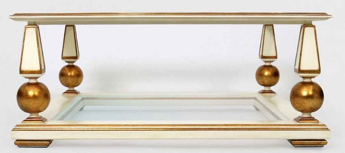 Casa Padrino mesa de centro barroco de lujo blanco / oro antiguo 113 x 113 x A. 47 cm - Magn¨ªfica mesa de sal¨®n de madera maciza con platos de vidrio - Muebles de sal¨®n barrocos