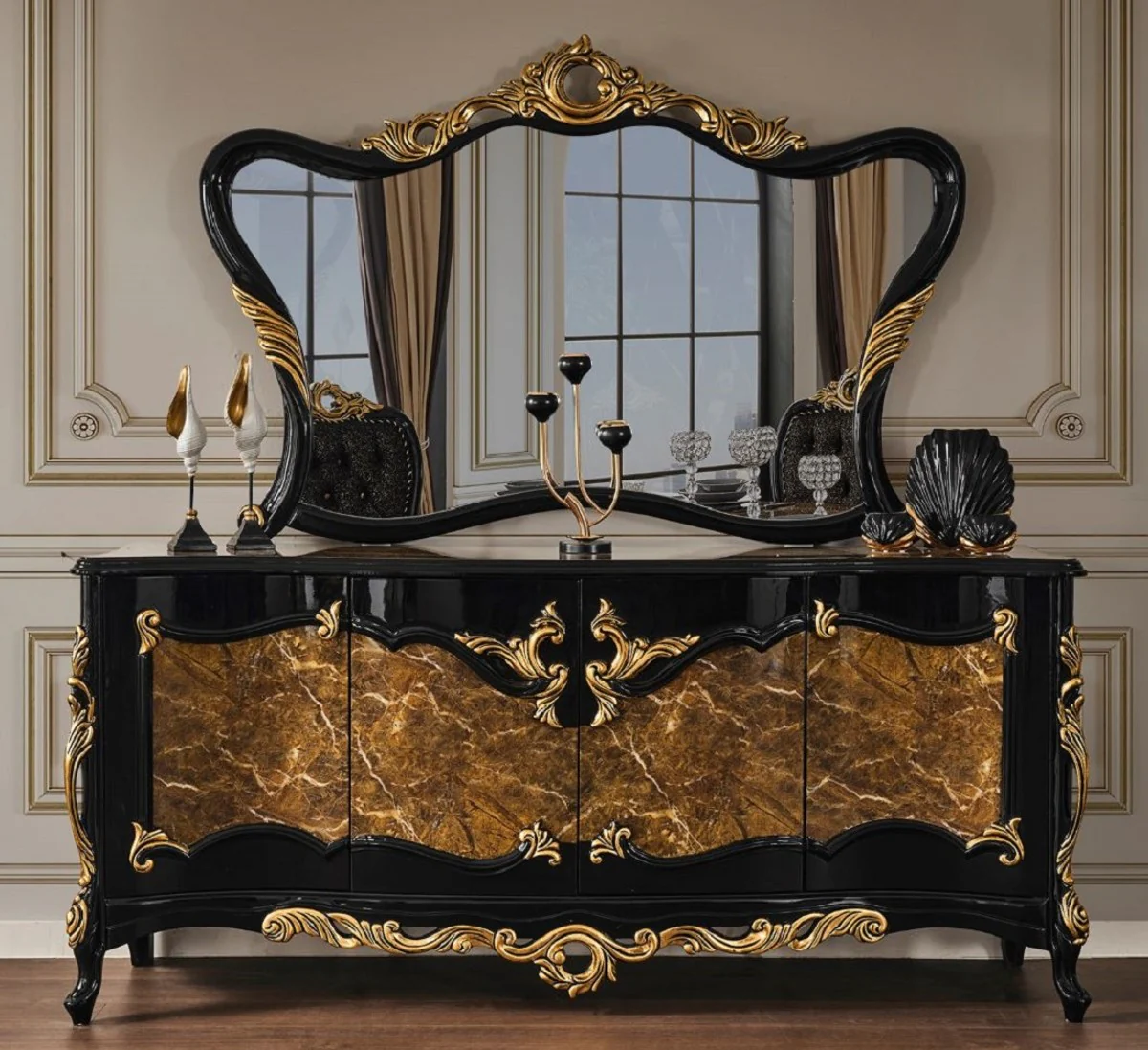 Casa Padrino conjunto de muebles barrocos de lujo aparador con espejo marrón / negro / oro - Magnífico mueble de madera maciza con 4 puertas y elegante espejo de pared - Muebles de estilo barroco