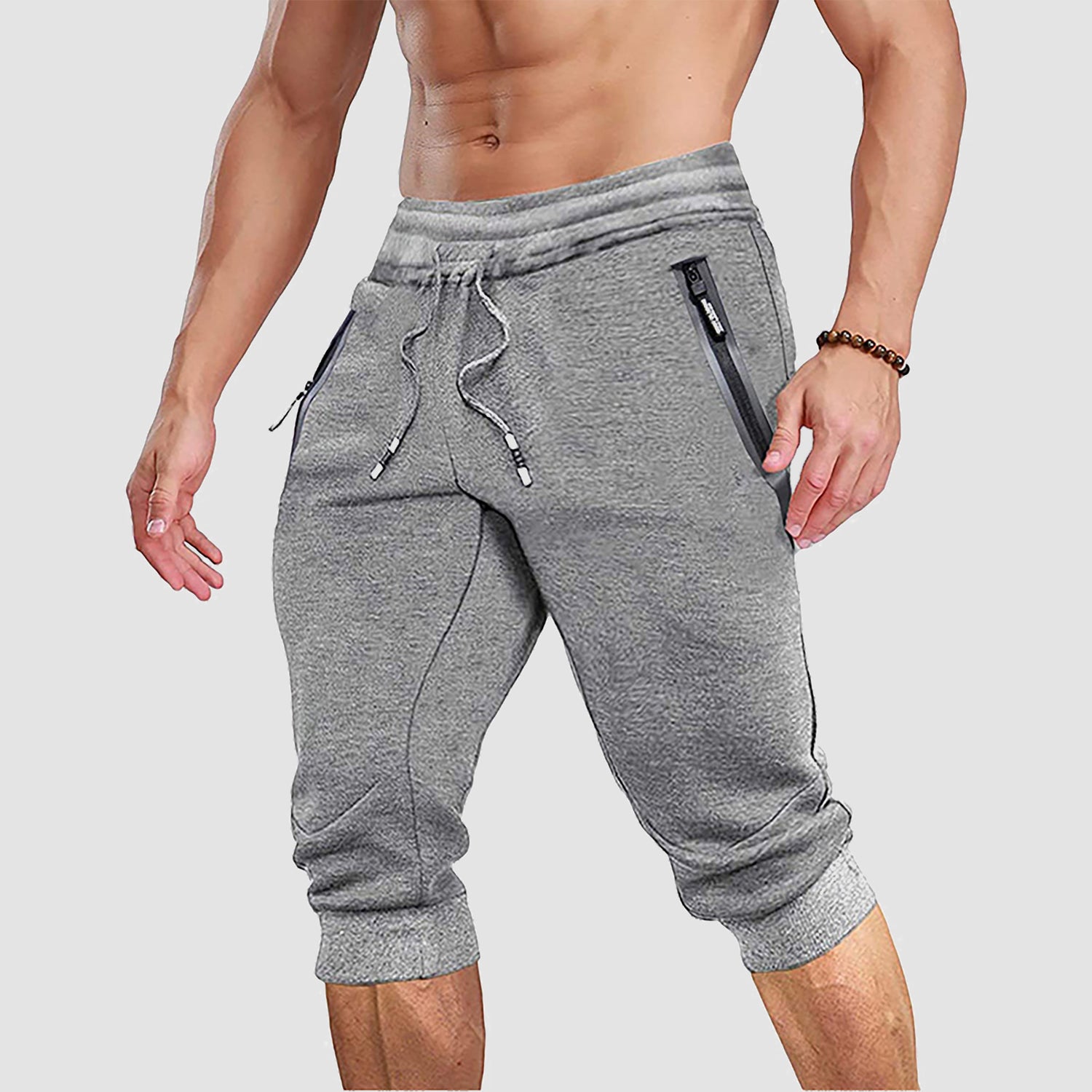 Men Capris Joggers with Zipper Pocket Drawstring Tapered Training Shorts