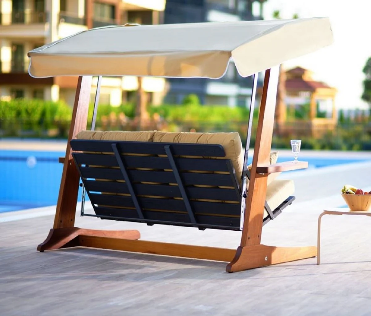 Casa Padrino columpio de Hollywood de lujo crema / marr¨®n - Columpio de jard¨ªn moderno resistente a la intemperie con toldo para el sol - Columpio de Terraza de Jard¨ªn - Muebles de Hotel