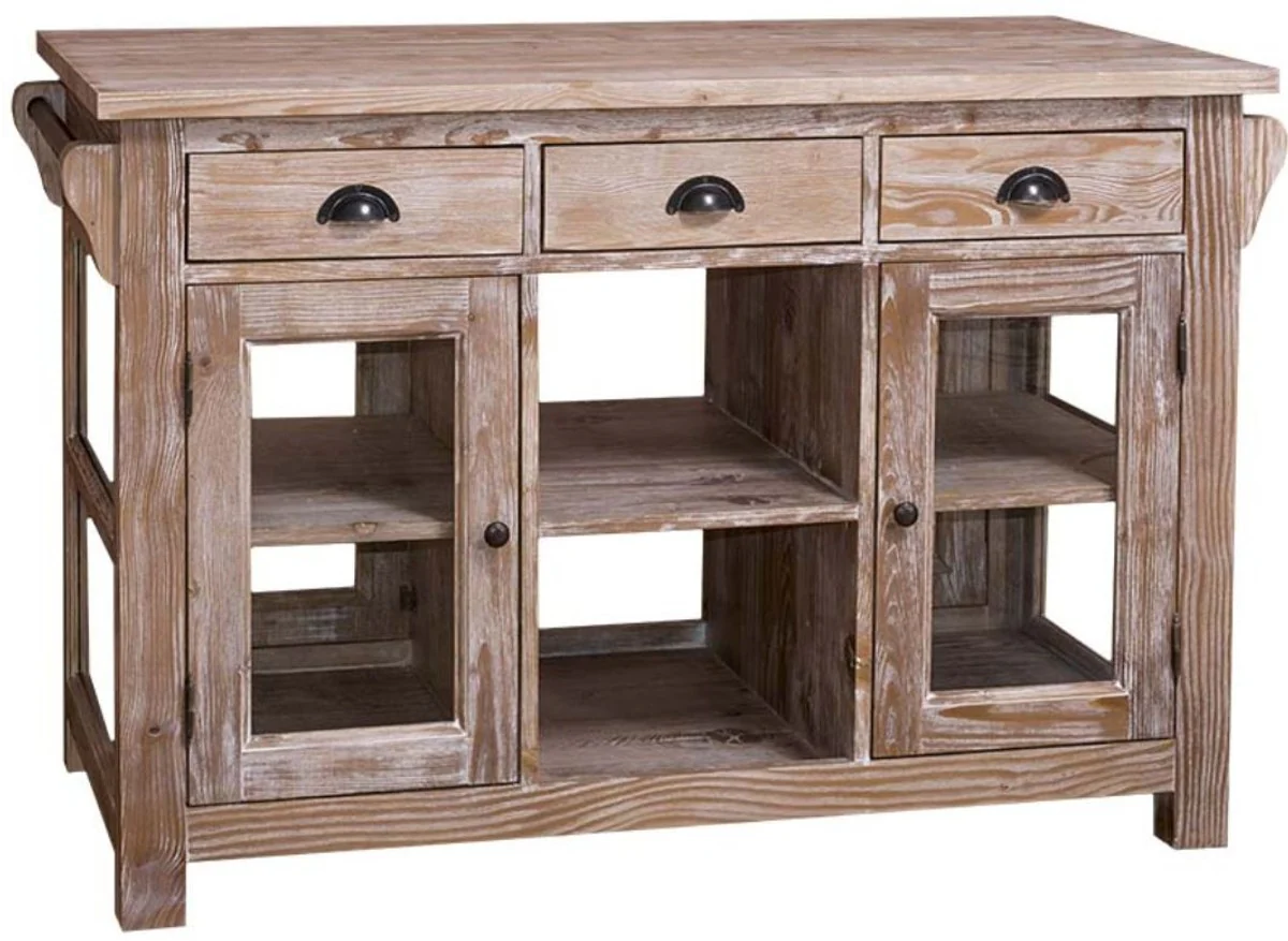 Casa Padrino isla de cocina de estilo country natural 135 x 65 x H. 90 cm - Gabinete de Cocina de Estilo Country con 4 Puertas de Vidrio y 6 Cajones
