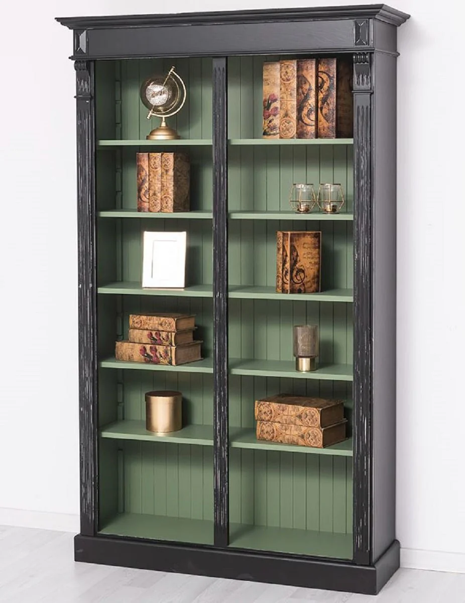 Casa Padrino armario de libros de estilo campestre negro antiguo / verde 120 x 39 x A. 197 cm - Armario de Sala de Estar de Madera Maciza - Armario de Oficina - Muebles de Estilo Campestre