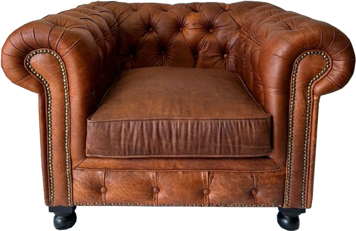 Casa Padrino sill¨®n Chesterfield de lujo de cuero genuino marr¨®n vintage / negro A. 72 cm