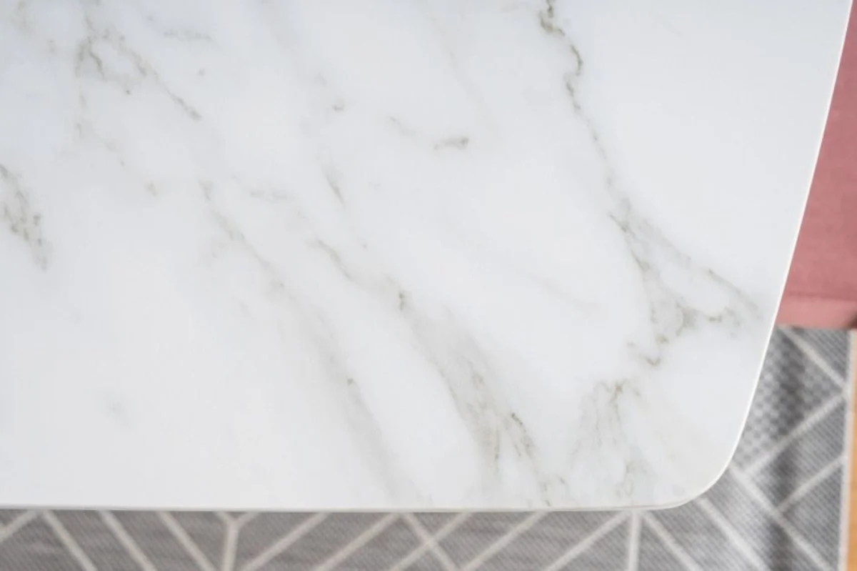 Casa Padrino mesa de comedor de lujo blanco / blanco mate / plata 160-210 x 90 x A. 76 cm - Mesa de comedor moderna extensible con placas de cer¨¢mica en aspecto de m¨¢rmol - Muebles de Comedor