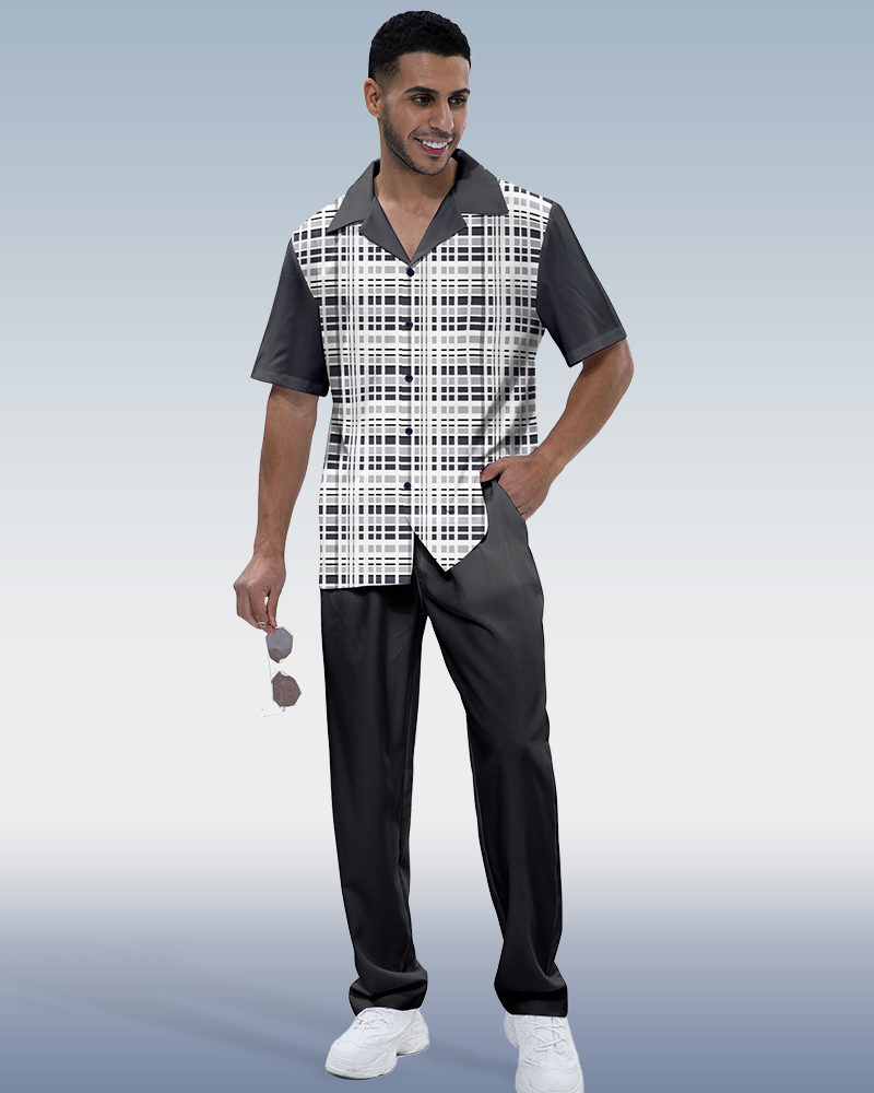 Dark Gray Mesh Short Sleeve Print Walking Set