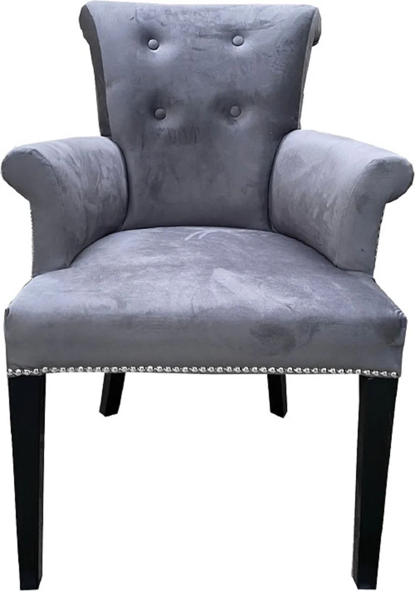 Casa Padrino conjunto de 4 sillas de comedor de lujo gris / negro - Sillas de cocina de madera maciza con reposabrazos y tela de terciopelo fino - Muebles de Comedor y Restaurante de Lujo