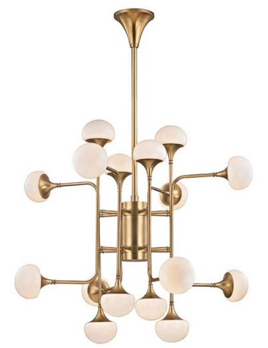 Casa Padrino Araña LED de Lujo de Latón Antiguo / Blanco Ø 92,7 x H. 83,8 cm - Araña con Pantallas de Lámpara de Vidrio Esférica - Calidad de Lujo