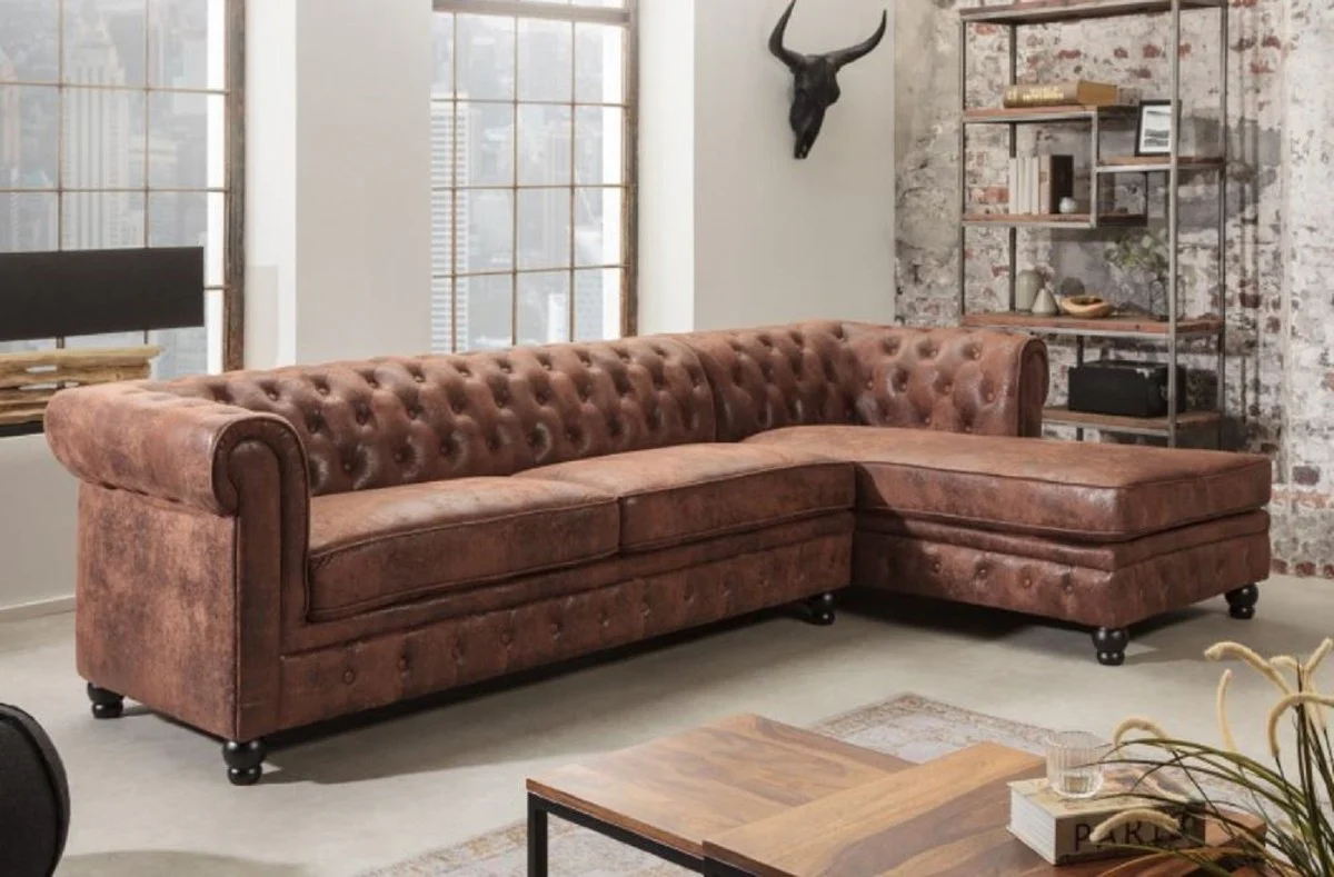 Casa Padrino sof¨¢ de esquina Chesterfield derecha marr¨®n antiguo - Sof¨¢ de microfibra para sala de estar - Muebles de Sala de Estar Chesterfield