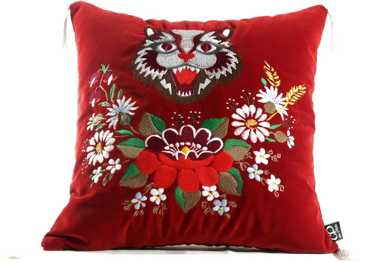 Casa Padrino almohada de lujo con borlas gato rojo / multicolor 45 x 45 cm - Tejido de Terciopelo M¨¢s Fino - Almohada de la Sala