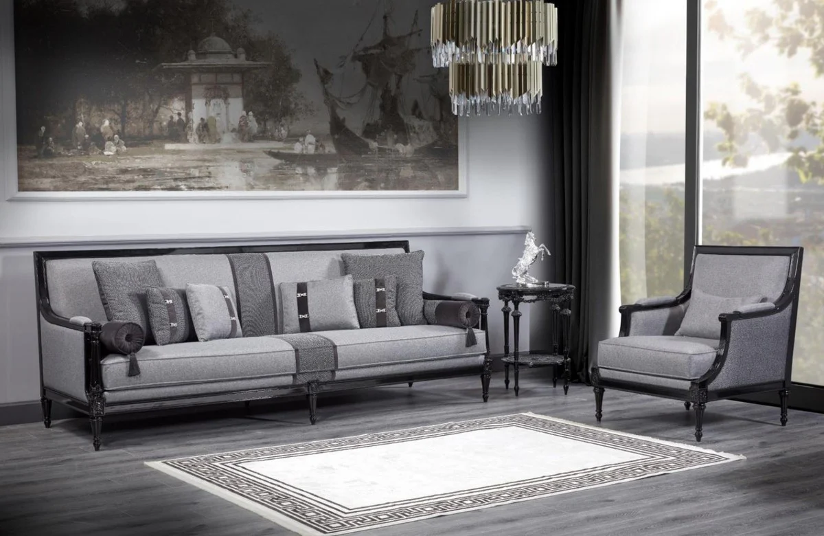 Casa Padrino sof¨¢ barroco de lujo gris / negro - Magn¨ªfico sof¨¢ de sal¨®n - Muebles de sal¨®n estilo barroco - Muebles de lujo estilo barroco - Muebles barrocos - Noble y Magn¨ªfico