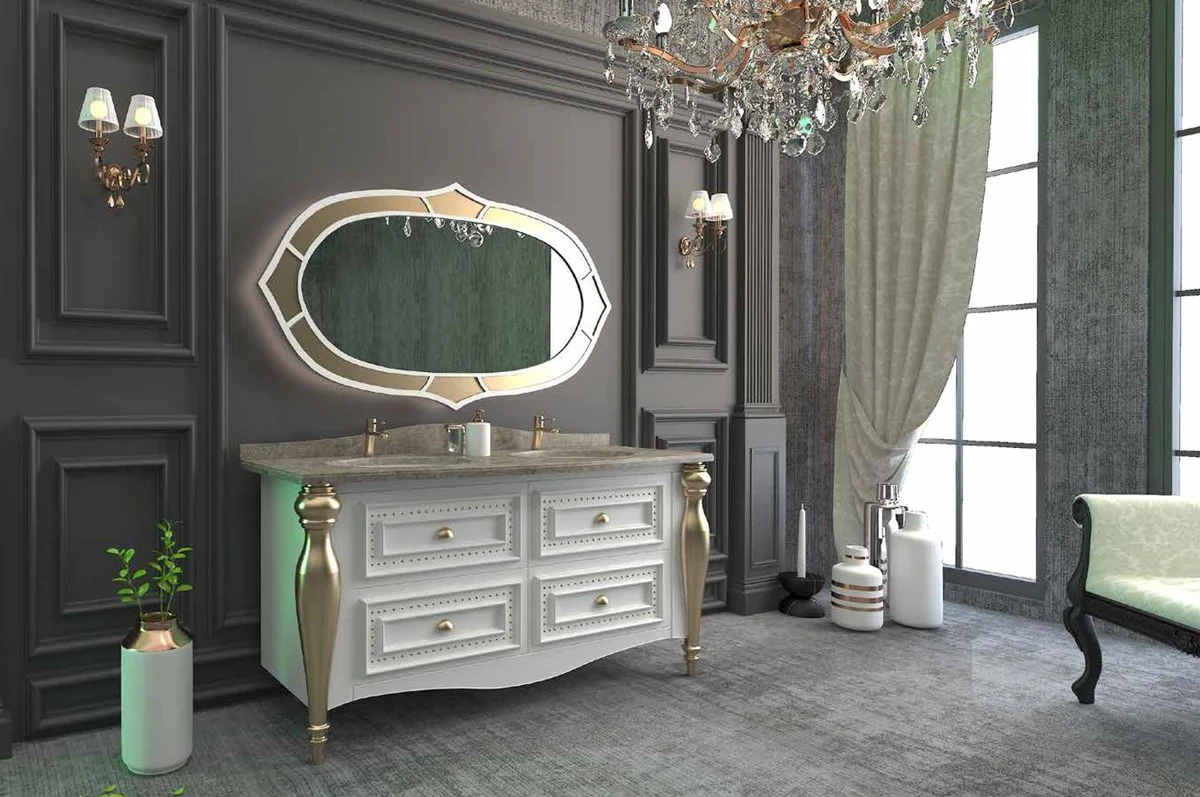 Casa Padrino Conjunto de Ba?o Barroco de Lujo Blanco / Gris / Oro - 1 Mesa de Lavado con 4 Cajones y 2 Lavabos y 1 Espejo de Pared - Suntuosos Muebles de Ba?o