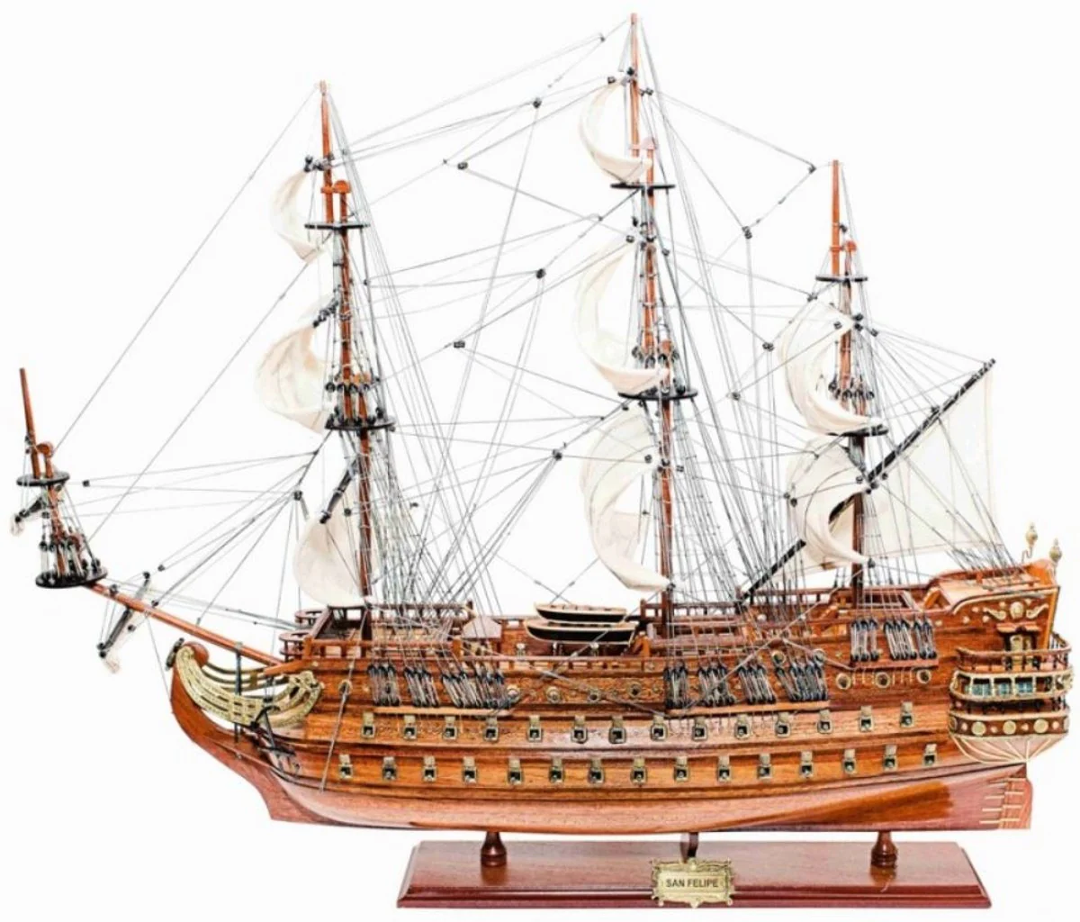 Casa Padrino buque insignia San Felipe con soporte de madera maciza marrón 95 x 29 x A. 90 cm - Barco decorativo hecho a mano barco de madera barco de vela barco de guerra - Accesorios Decorativos