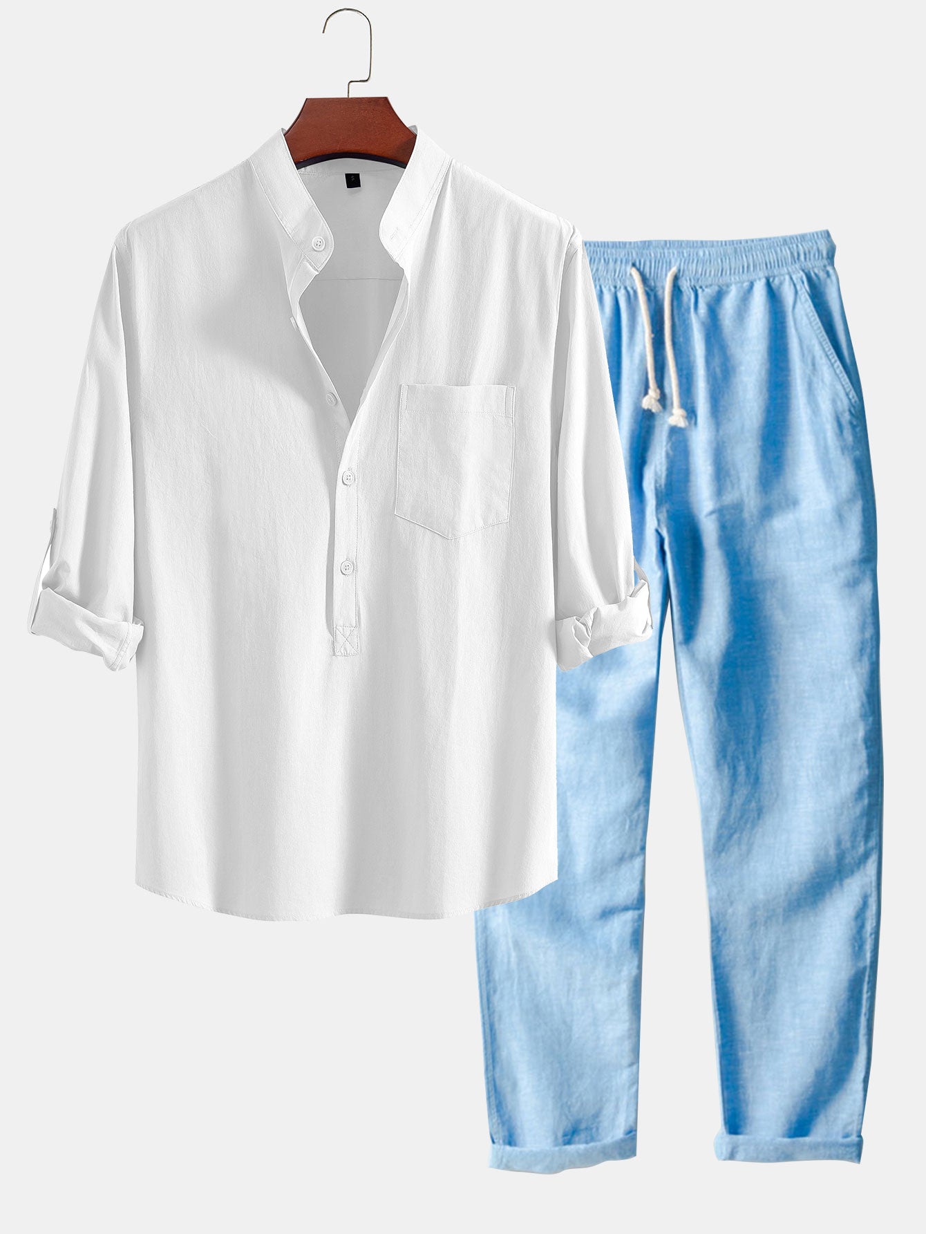 Long Sleeve Linen Look Henley Collar Shirt & Straight Leg Linen Pants
