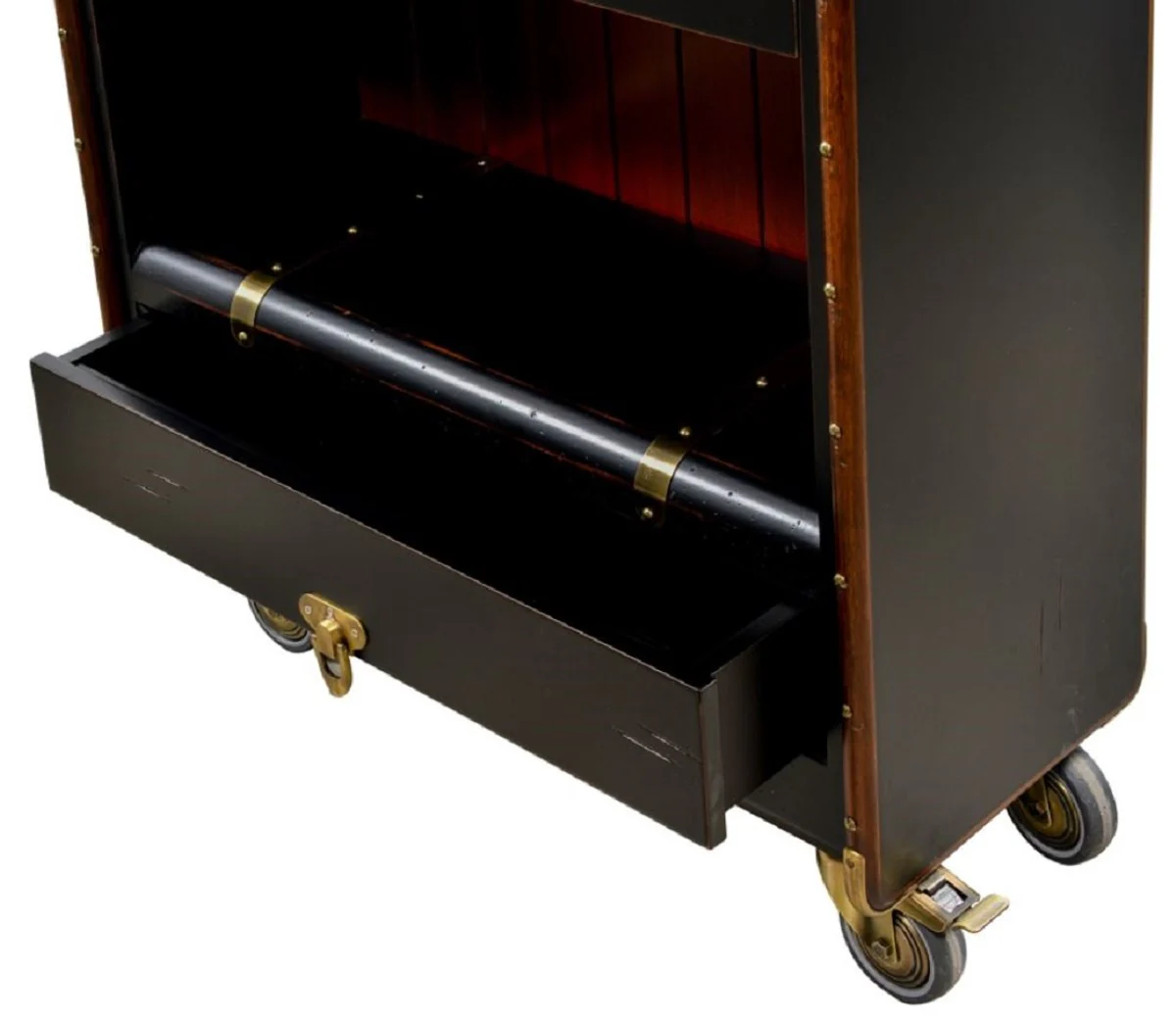 Casa Padrino armario estante de lujo en ¨®ptica de maleta negro / rojo / marr¨®n / lat¨®n 84 x 35 x A. 200 cm - Armario maleta con ruedas - Armario de oficina - Muebles de oficina de lujo