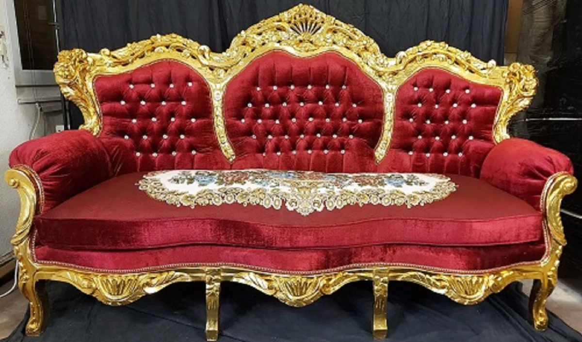 Casa Padrino conjunto de sala de estar barroco de lujo rojo burdeos / multicolor / oro - 1 Sof¨¢ Barroco y 2 Sillones Barrocos - Muebles de sal¨®n en estilo barroco - Muebles barrocos