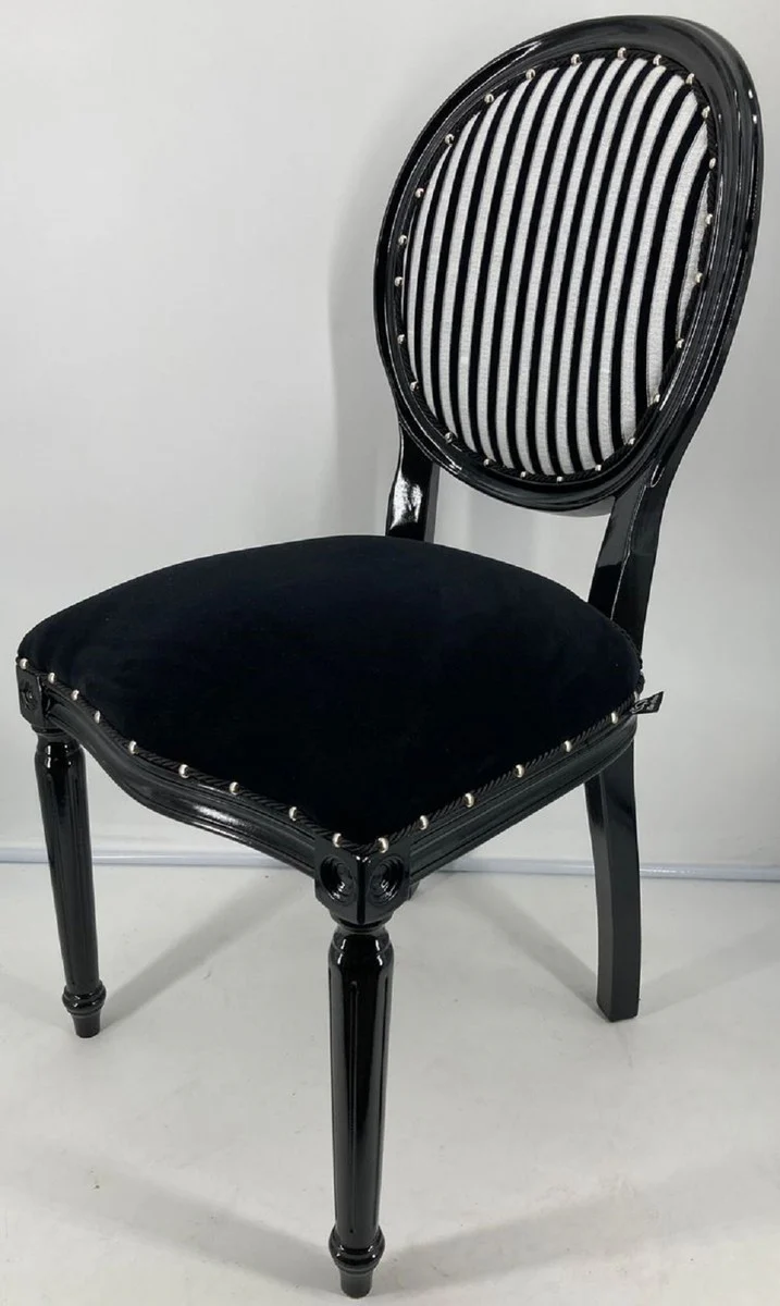 Casa Padrino silla de comedor barroco de lujo negro / rayas blanco-plata / negro - Silla de estilo antiguo hecha a mano con tela de terciopelo fino - Muebles de comedor en estilo barroco
