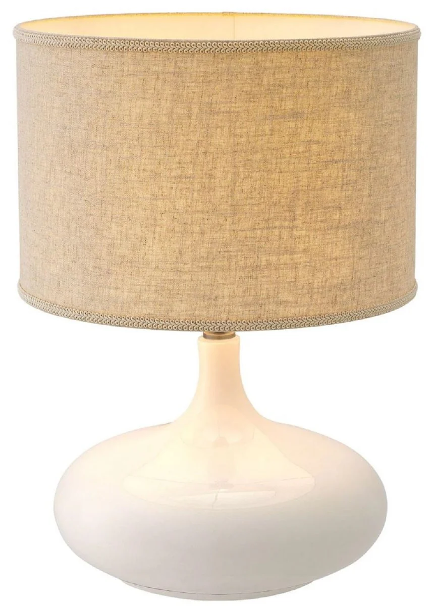 Casa Padrino lámpara de mesa de cerámica de lujo blanco / latón antiguo / beige Ø 46 x A. 64,5 cm - Lámpara de mesa moderna con pantalla - Colección de Lujo