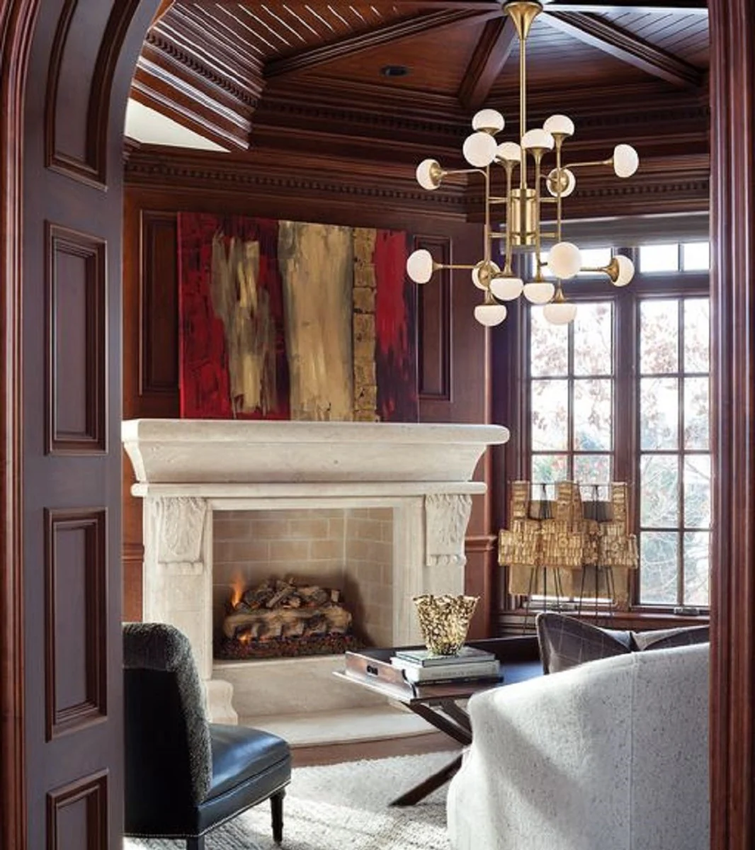 Casa Padrino Araña LED de Lujo de Latón Antiguo / Blanco Ø 92,7 x H. 83,8 cm - Araña con Pantallas de Lámpara de Vidrio Esférica - Calidad de Lujo