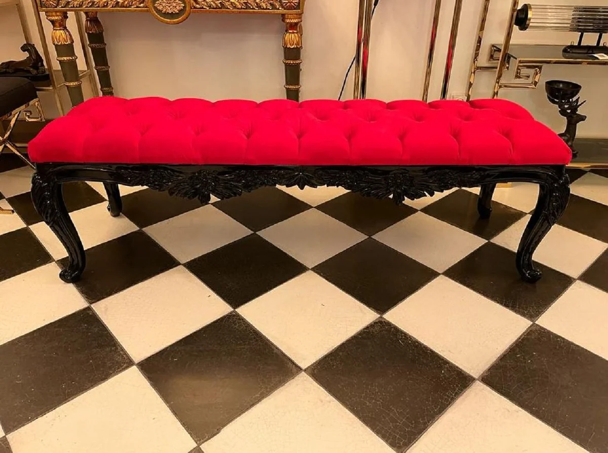 Casa Padrino banco barroco rojo / negro - Banco tapizado de madera maciza con fino terciopelo y pedrería - Muebles barrocos hechos a mano - Noble y Magnífico