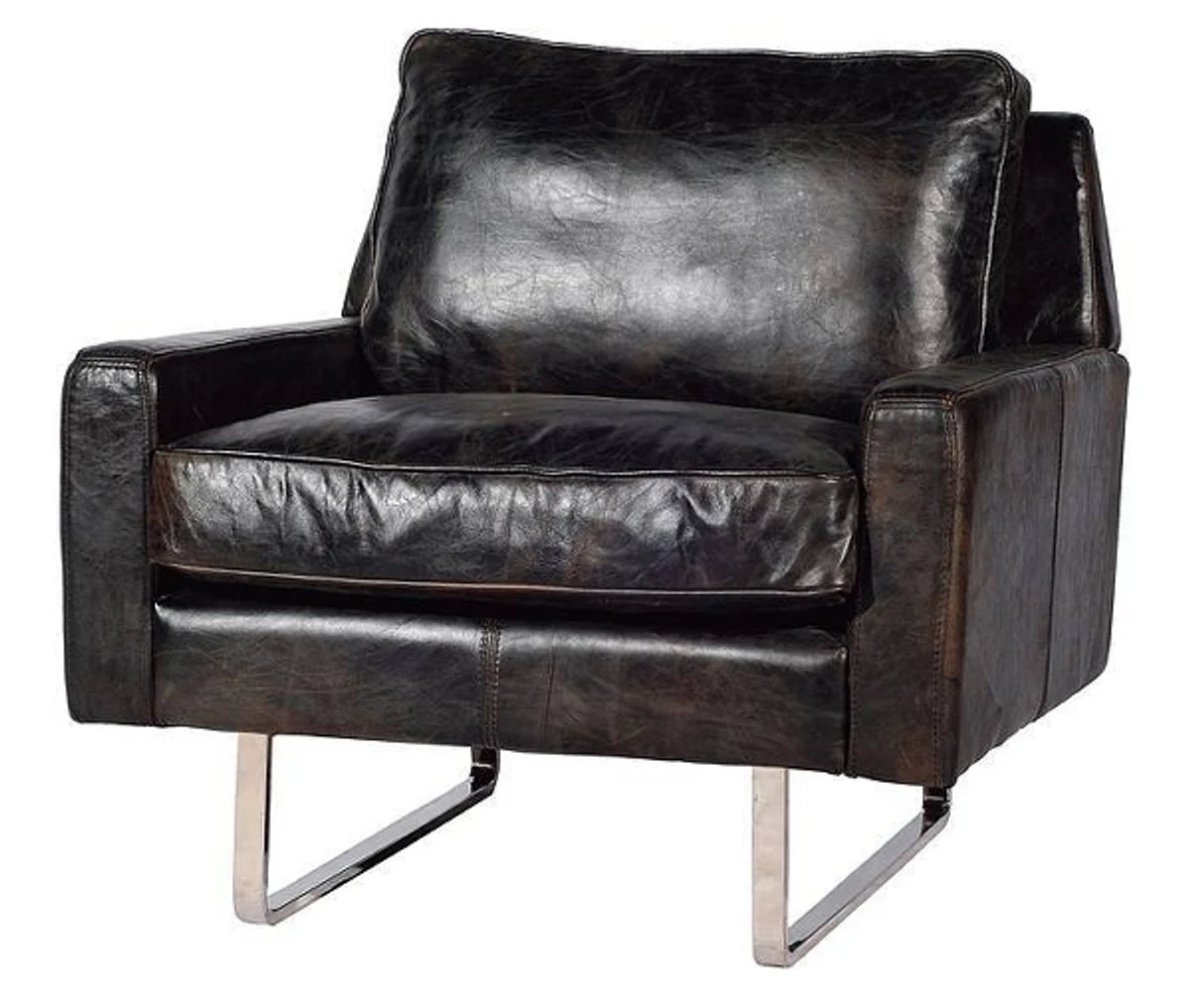 Casa Padrino luxury genuine leather armchair vintage black / silver 87 x 86 x H. 83 cm - Leather Furniture