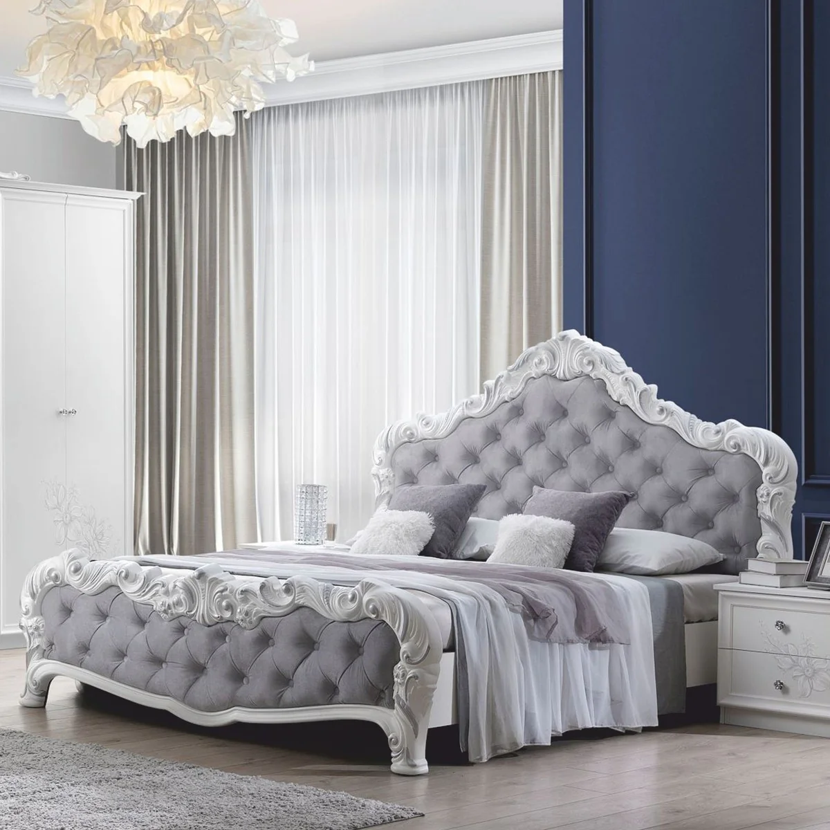 Casa Padrino cama doble barroco de lujo gris / blanco - Muebles de dormitorio barrocos
