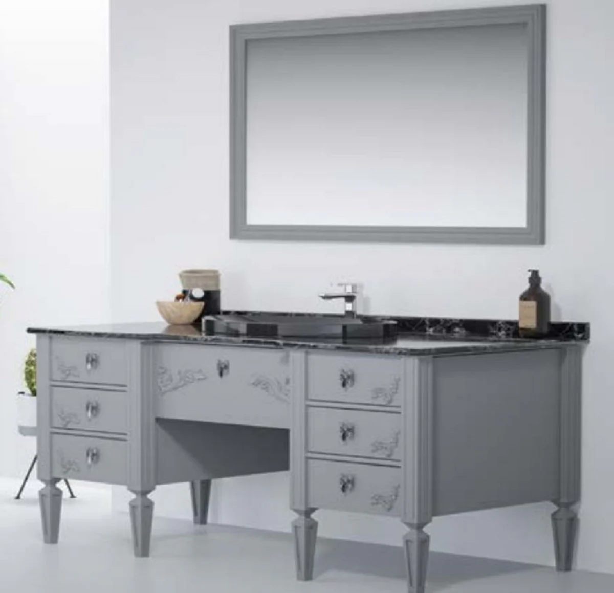Casa Padrino conjunto de baño barroco de lujo gris / negro - 1 Mesa de Lavabo y 1 Lavabo de Cerámica Ovalado y 1 Espejo de Pared LED - Muebles de baño en estilo barroco - Muebles barrocos