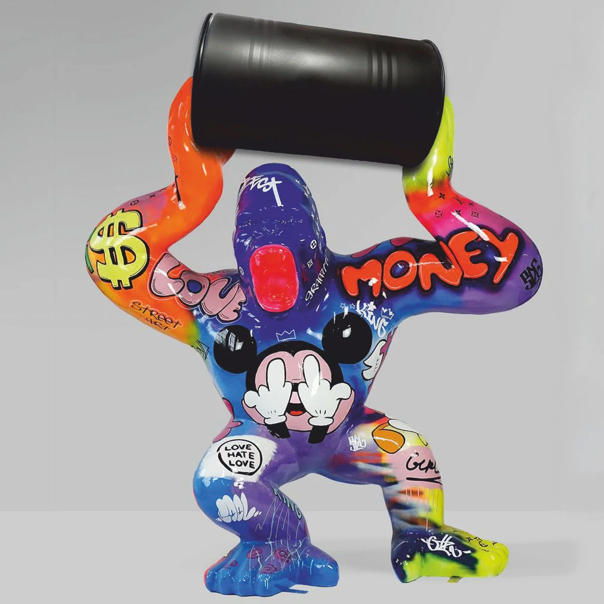 Casa Padrino escultura decorativa XXL gorila con barril colorido / negro A. 250 cm - Enorme figura de jard¨ªn