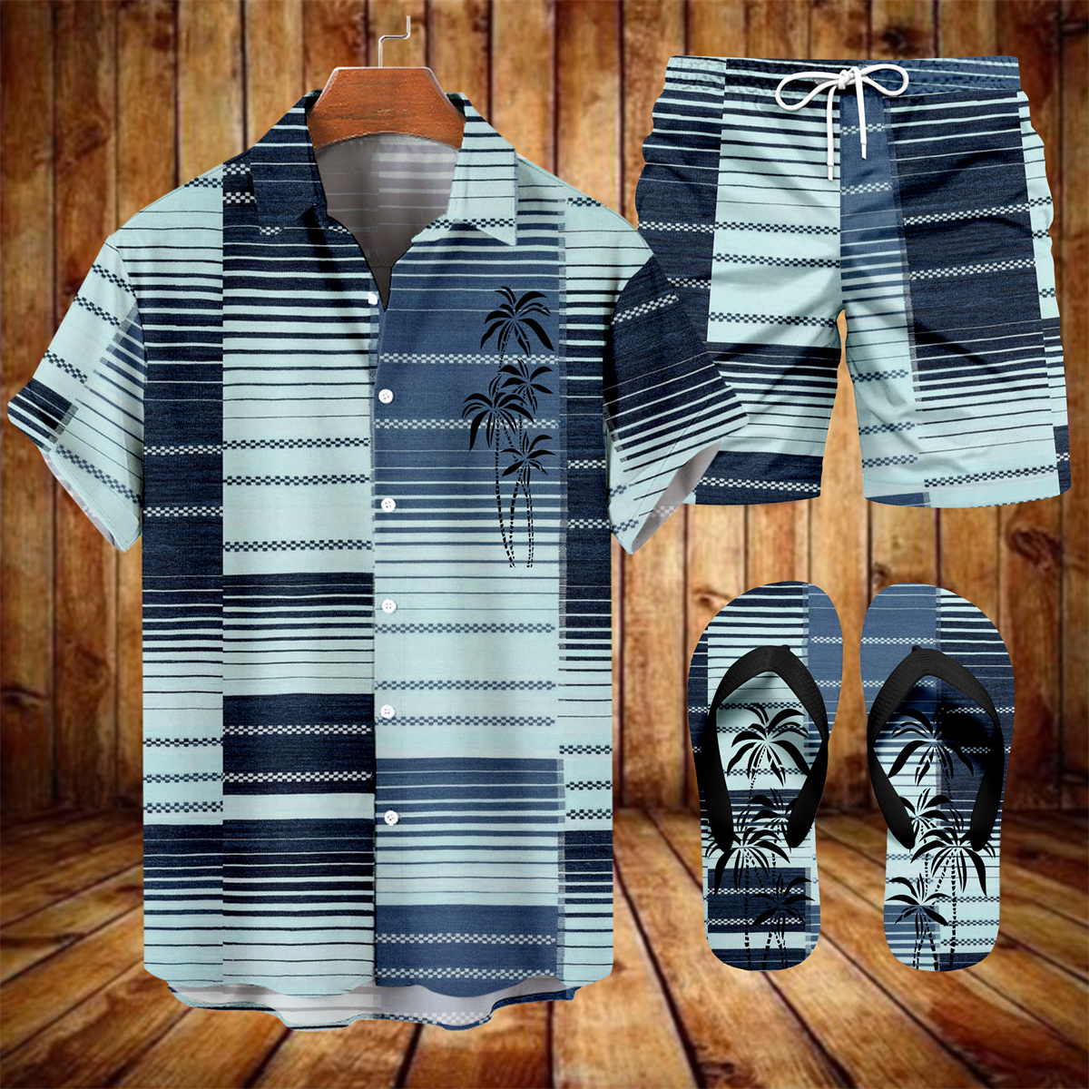 Suitmens Men's Hawaiian Bowling Print Shirt Three-Piece Set 049