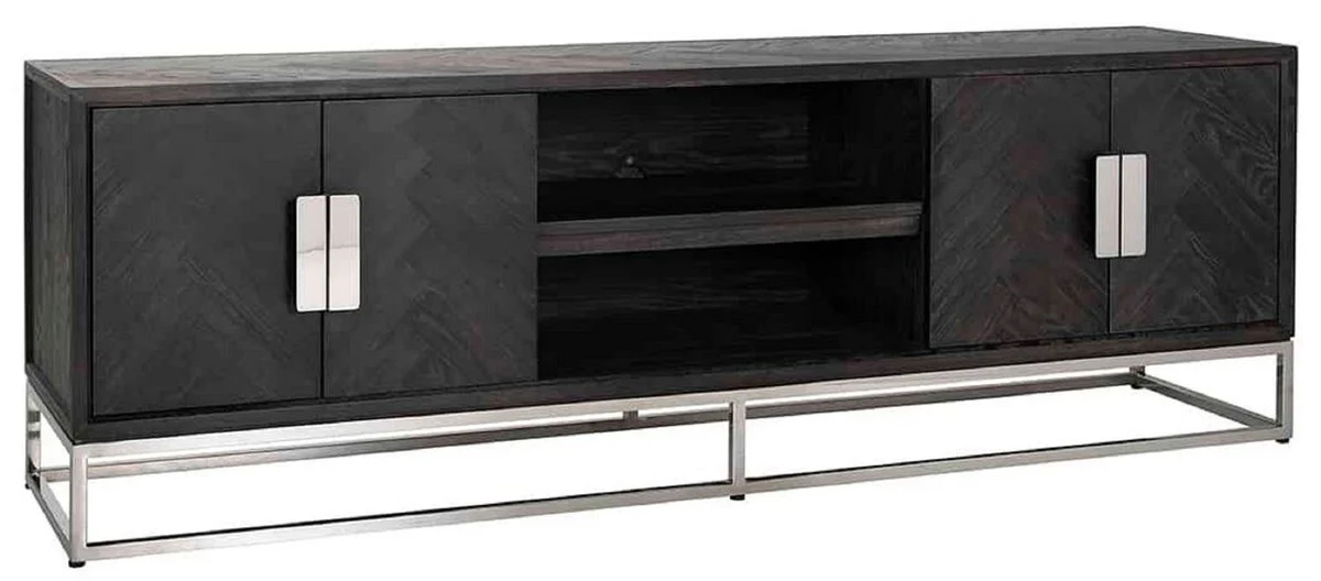 Casa Padrino gabinete de TV de lujo negro / plata 185 x 42,5 x A. 60 cm - Aparador de madera maciza con 4 puertas - Muebles de sal¨®n - Muebles de hotel - Colecci¨®n de Lujo