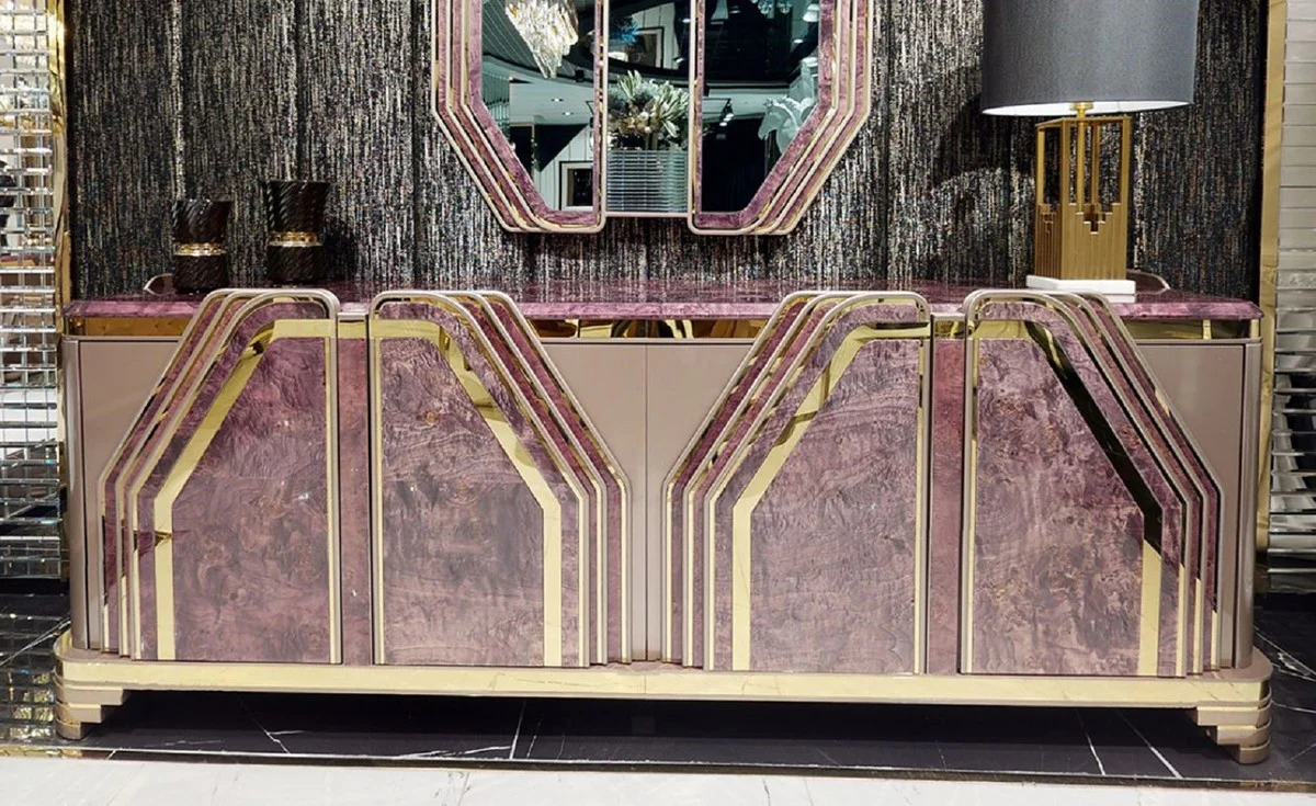 Casa Padrino aparador Art Deco de lujo púrpura / gris / oro - Magnífico armario de madera maciza con 4 puertas y aspecto de mármol - Muebles para Salón y Hotel Art Deco de Lujo