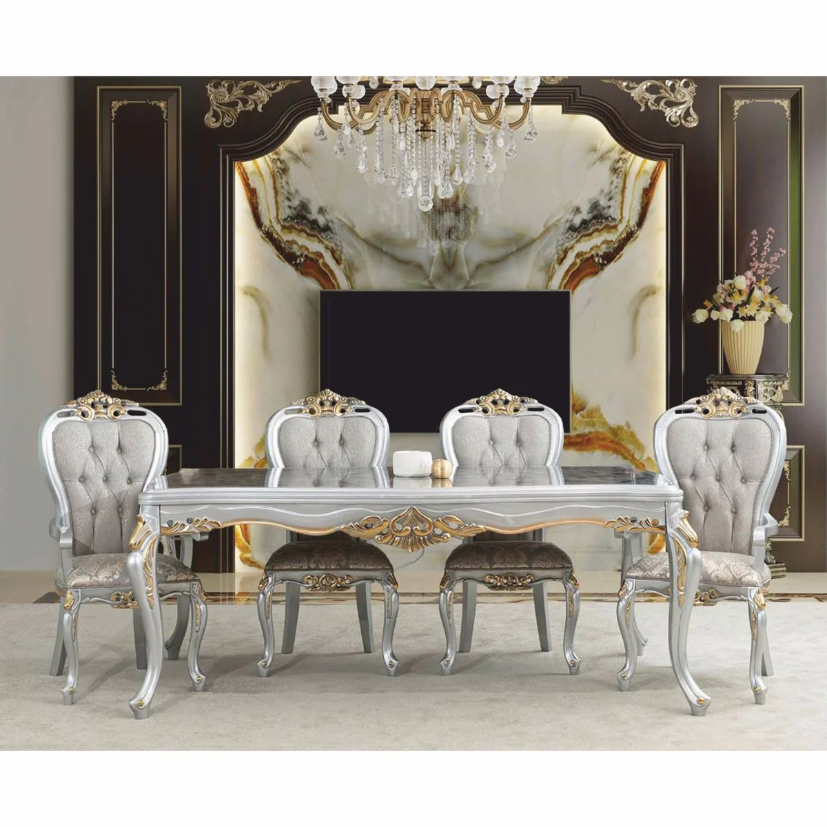 Casa Padrino mesa de comedor barroco de lujo gris / plata / oro 165 cm - Muebles barrocos