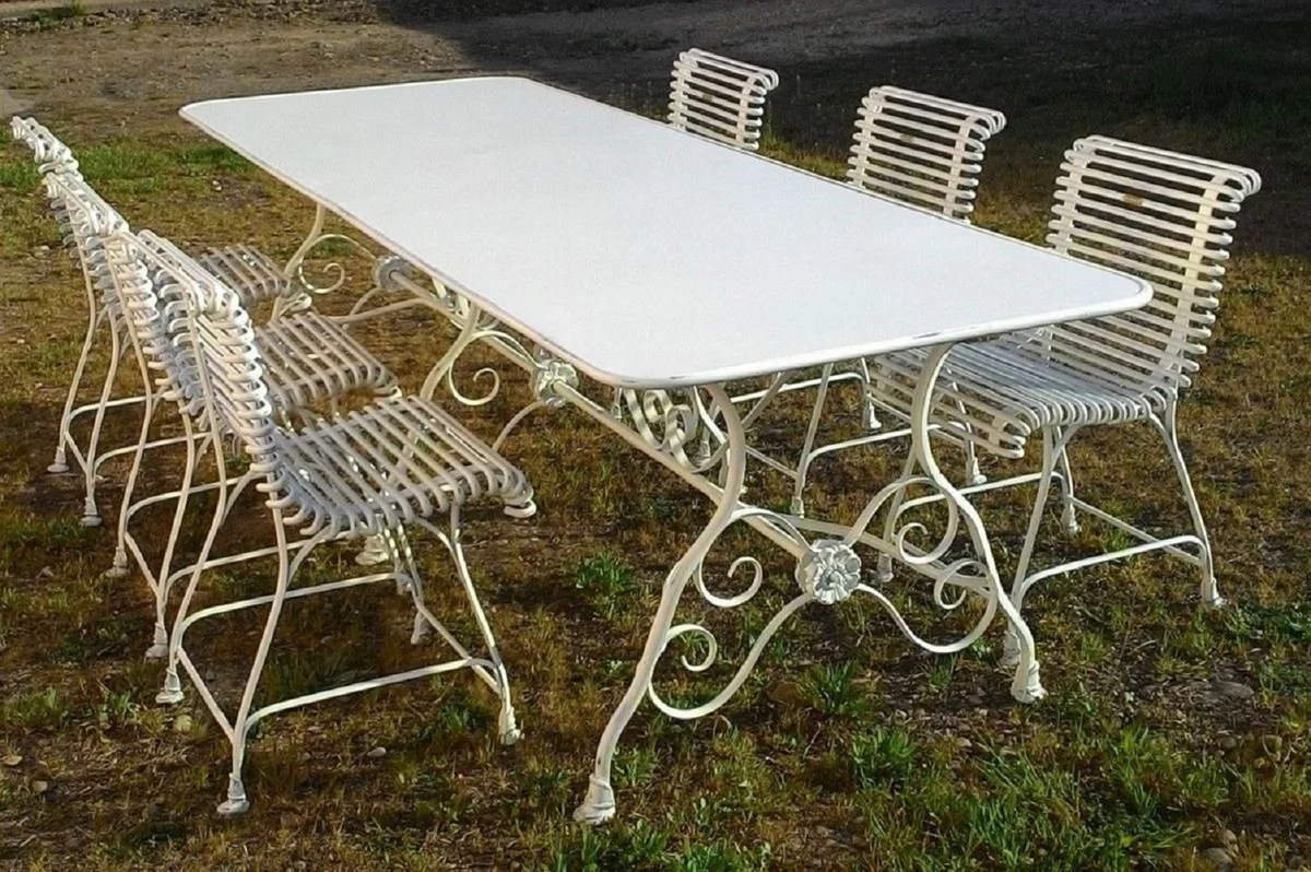 Casa Padrino Conjunto de Muebles de Jard¨ªn Art Nouveau de Hierro Forjado Blanco Antiguo - 1 Mesa de Comedor de Jard¨ªn Art Nouveau y 6 Sillas de Jard¨ªn - Muebles de Jard¨ªn Barroco y Art Nouveau