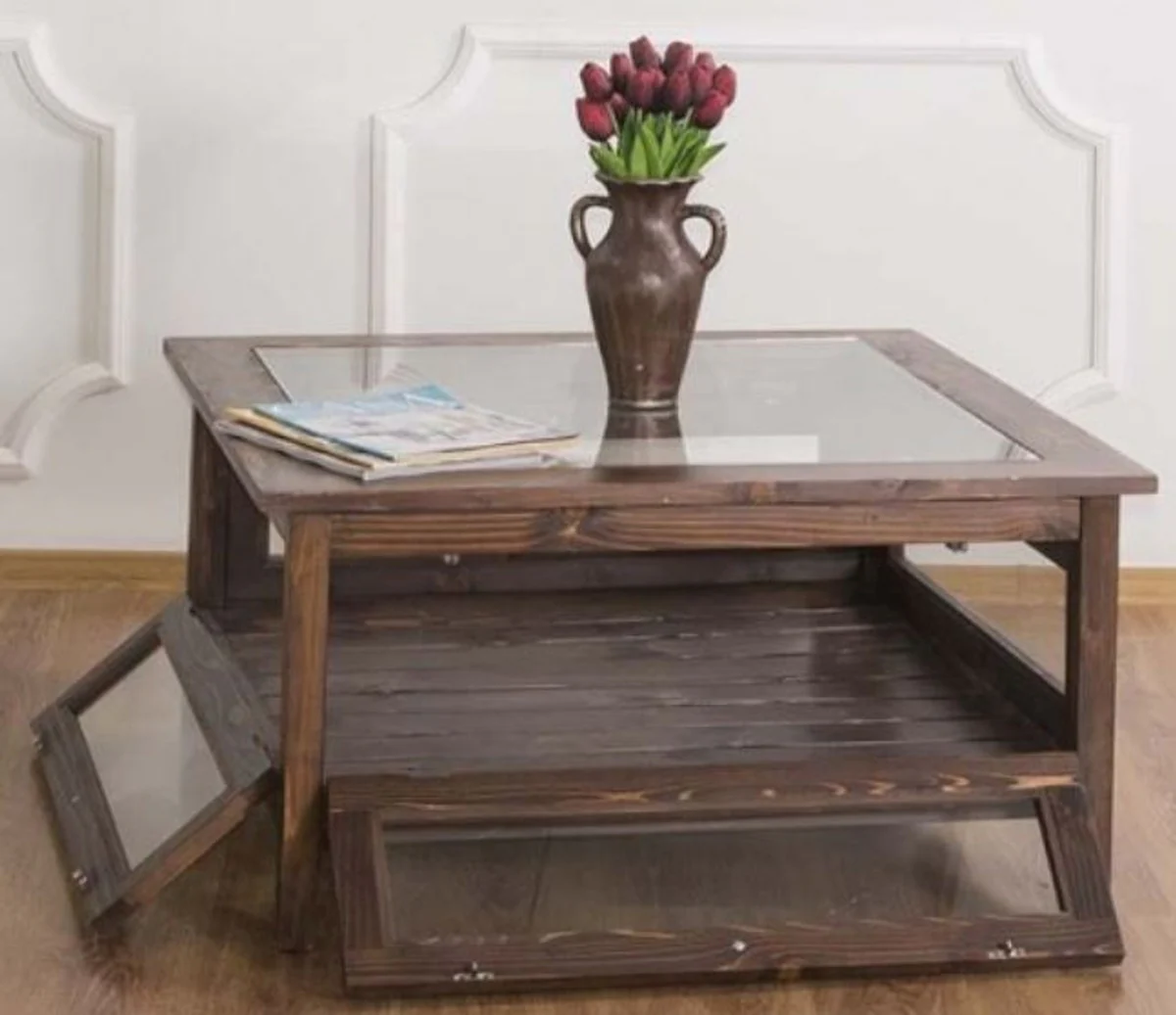 Casa Padrino mesa de centro de estilo campestre con sobre de vidrio marr¨®n 90 x 90 x A. 45 cm - Mesa de la Sala de Madera Maciza - Muebles de Sala en Estilo Campestre