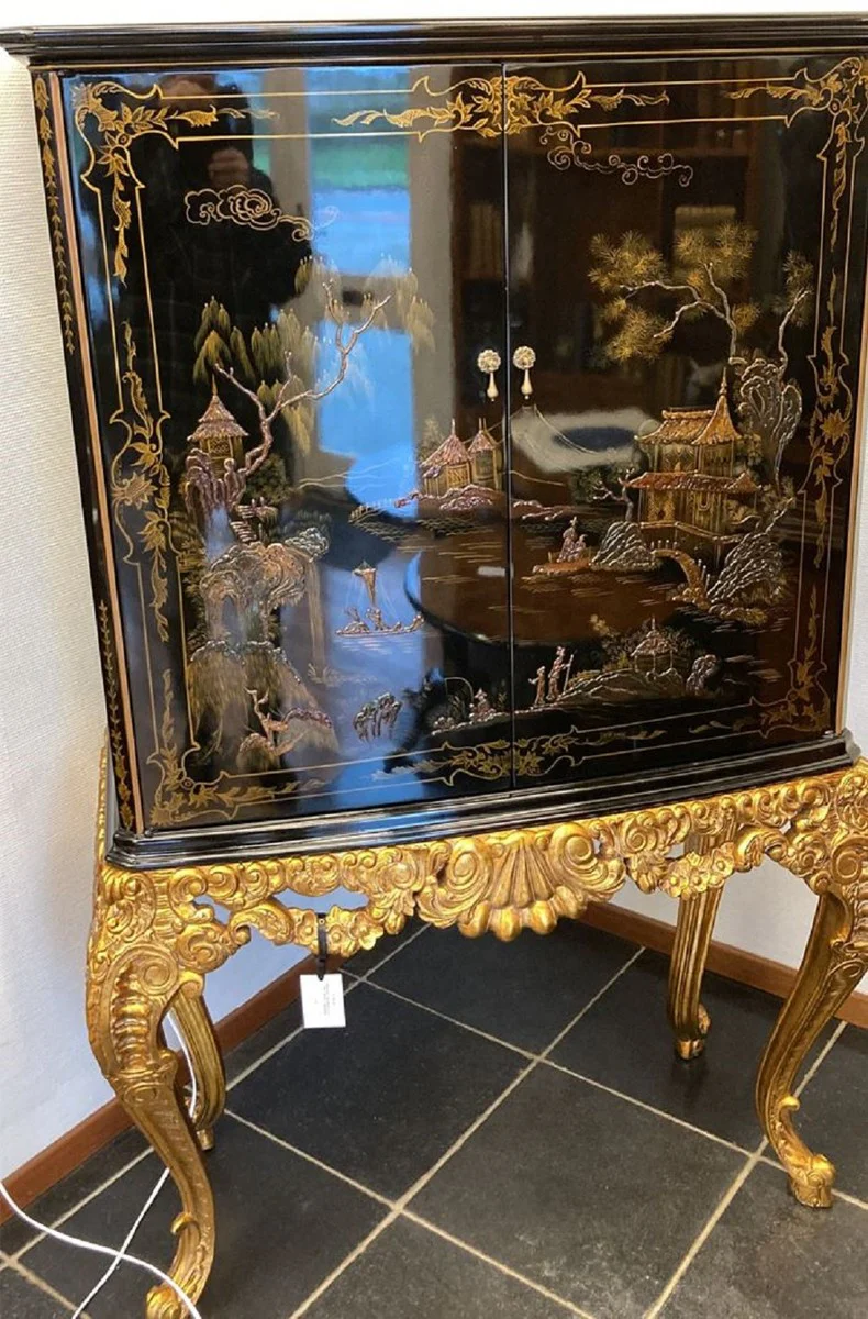 Casa Padrino armario bar barroco de lujo negro / multicolor / oro - Magn¨ªfico armario de madera maciza con iluminaci¨®n LED - Muebles de sal¨®n barrocos - Muebles de bar barrocos