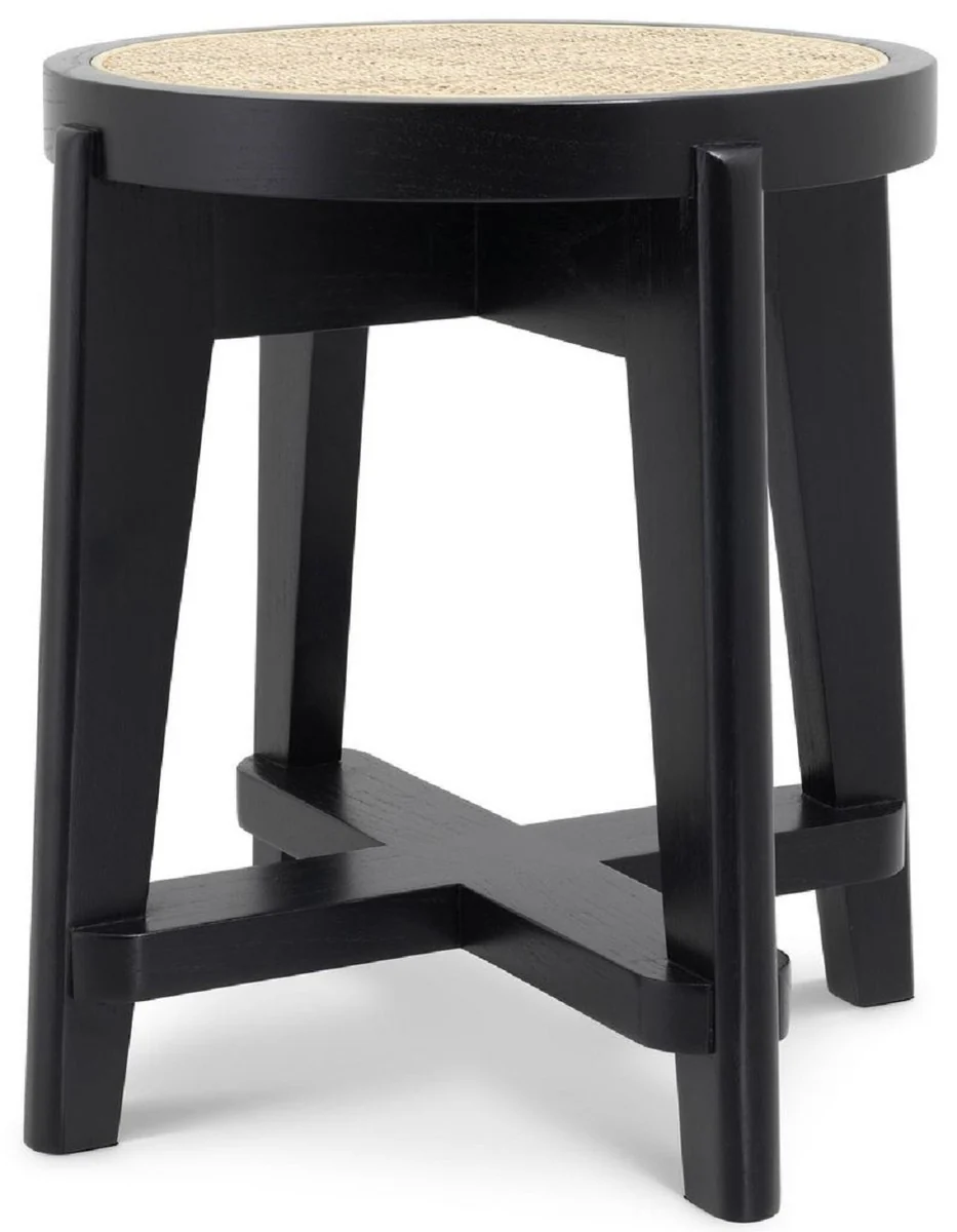 Casa Padrino taburete de lujo negro / natural ? 44,5 x A. 47 cm - Taburete redondo de madera maciza con rat¨¢n - Muebles de sal¨®n