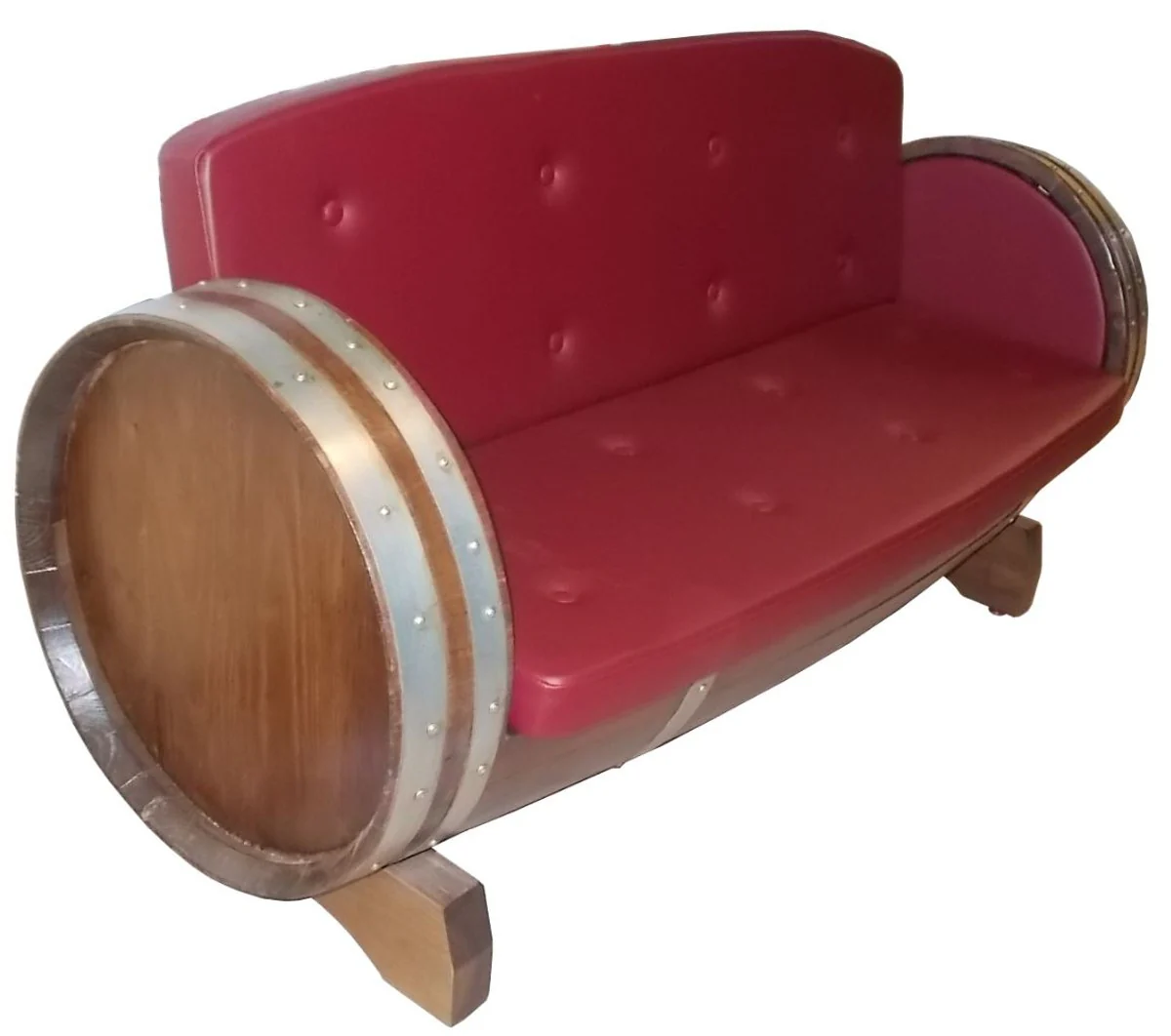 Casa Padrino sofá de barril de lujo rojo / marrón / plata 160 x 65 x A. 85 cm - Sofá de barril de vino tapizado de madera maciza - Muebles de Terrazas de Jardín de Gastronomía