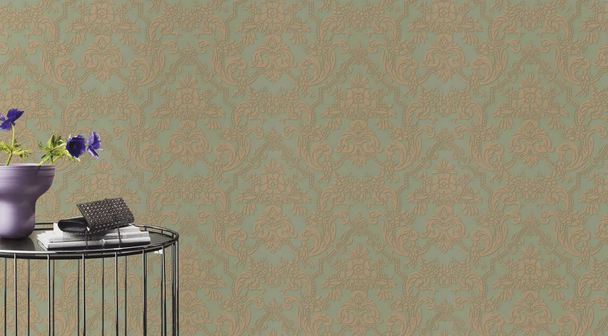 Casa Padrino papel pintado de vinilo verde / marrón - Papel pintado de salón de estilo barroco con patrón elegante - Decoración de pared en estilo barroco