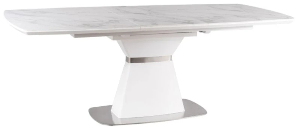 Casa Padrino mesa de comedor de lujo blanco / blanco mate / plata 160-210 x 90 x A. 76 cm - Mesa de comedor moderna extensible con placas de cer¨¢mica en aspecto de m¨¢rmol - Muebles de Comedor