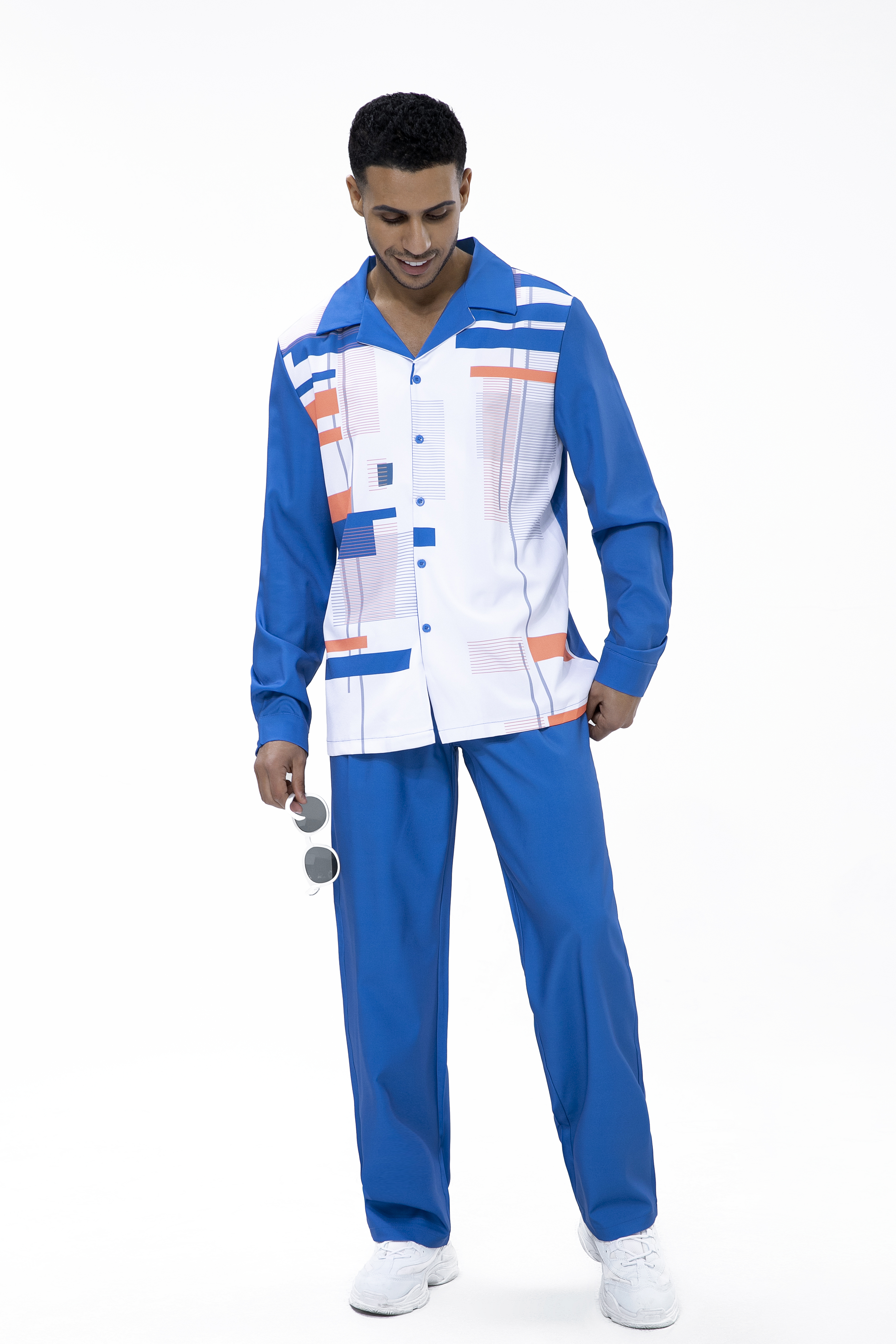 Suitmens Navy Geometric Print Walking Suit 2 Piece Long Sleeve Set