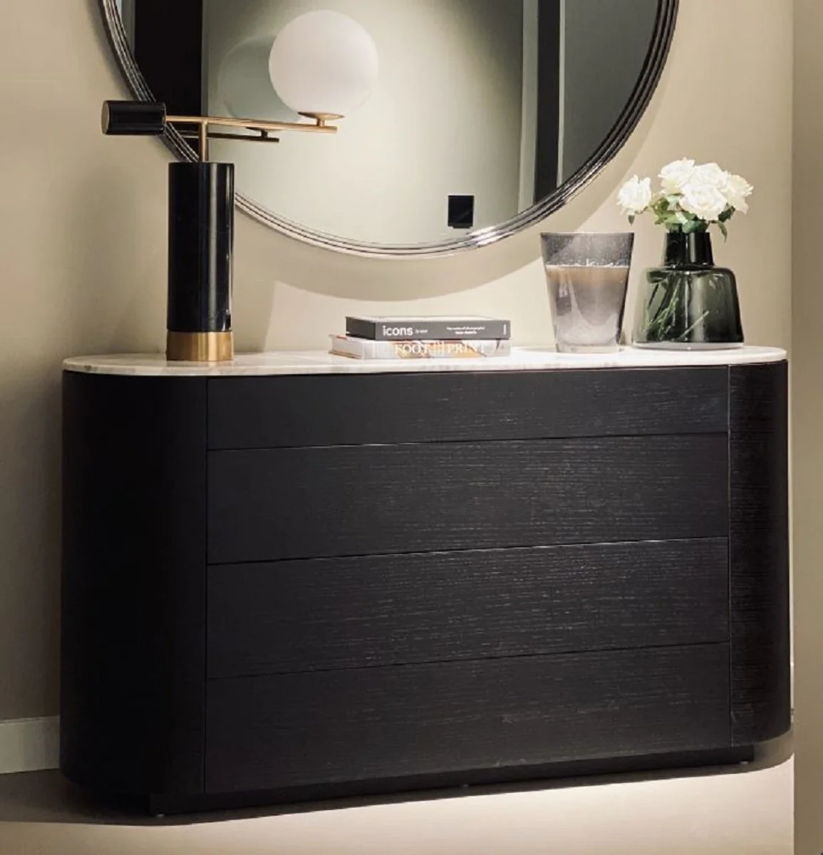 Casa Padrino aparador de lujo gris antracita / blanco 140 x 42 x A. 75 cm - Armario de madera maciza con cajones y encimera de mármol - Muebles de Lujo