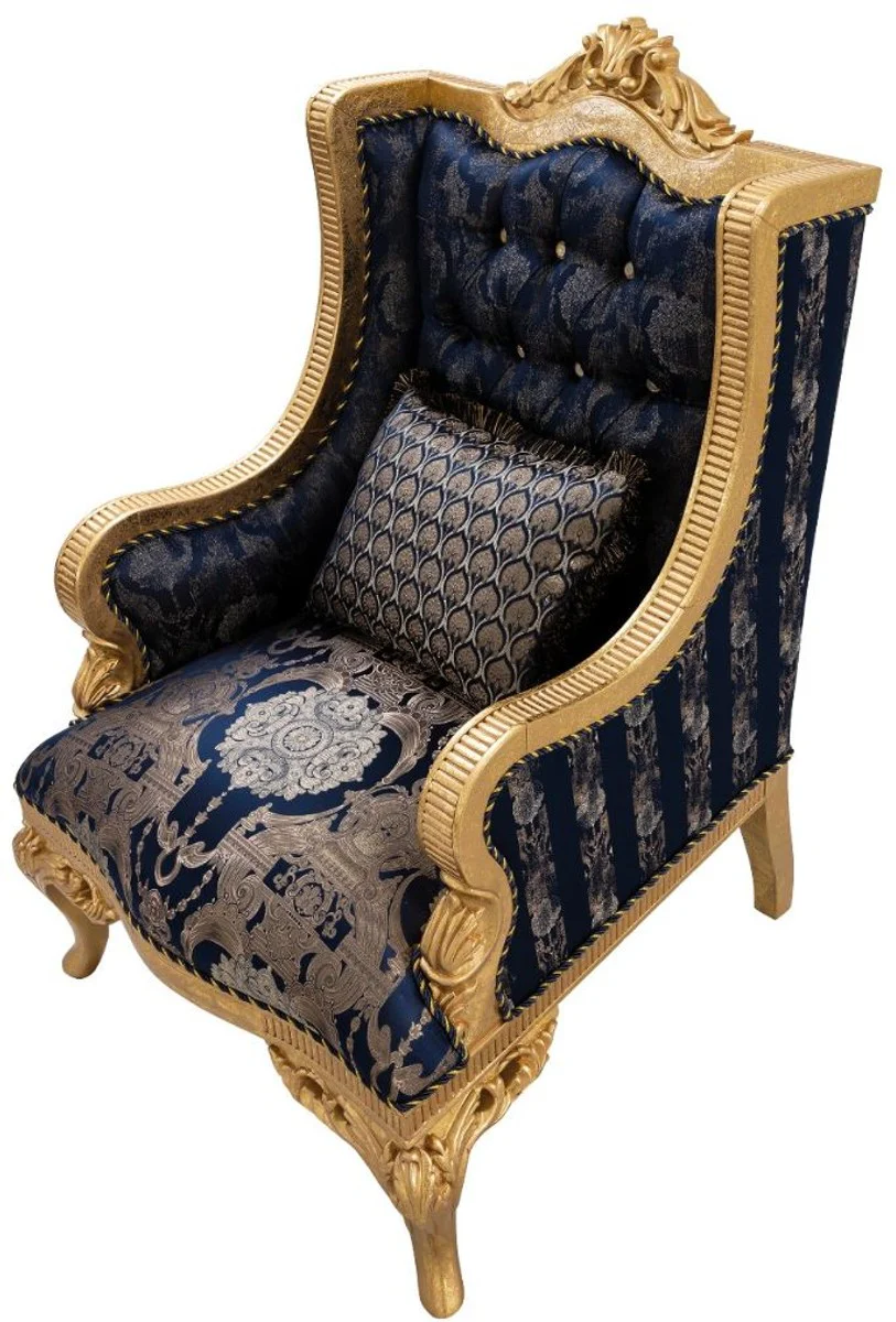 Casa Padrino conjunto de sala de estar barroco de lujo azul oscuro / oro - 2 Sof¨¢s y 2 Sillones y 1 Mesa de Centro - Muebles de Sal¨®n Barrocos Adornados