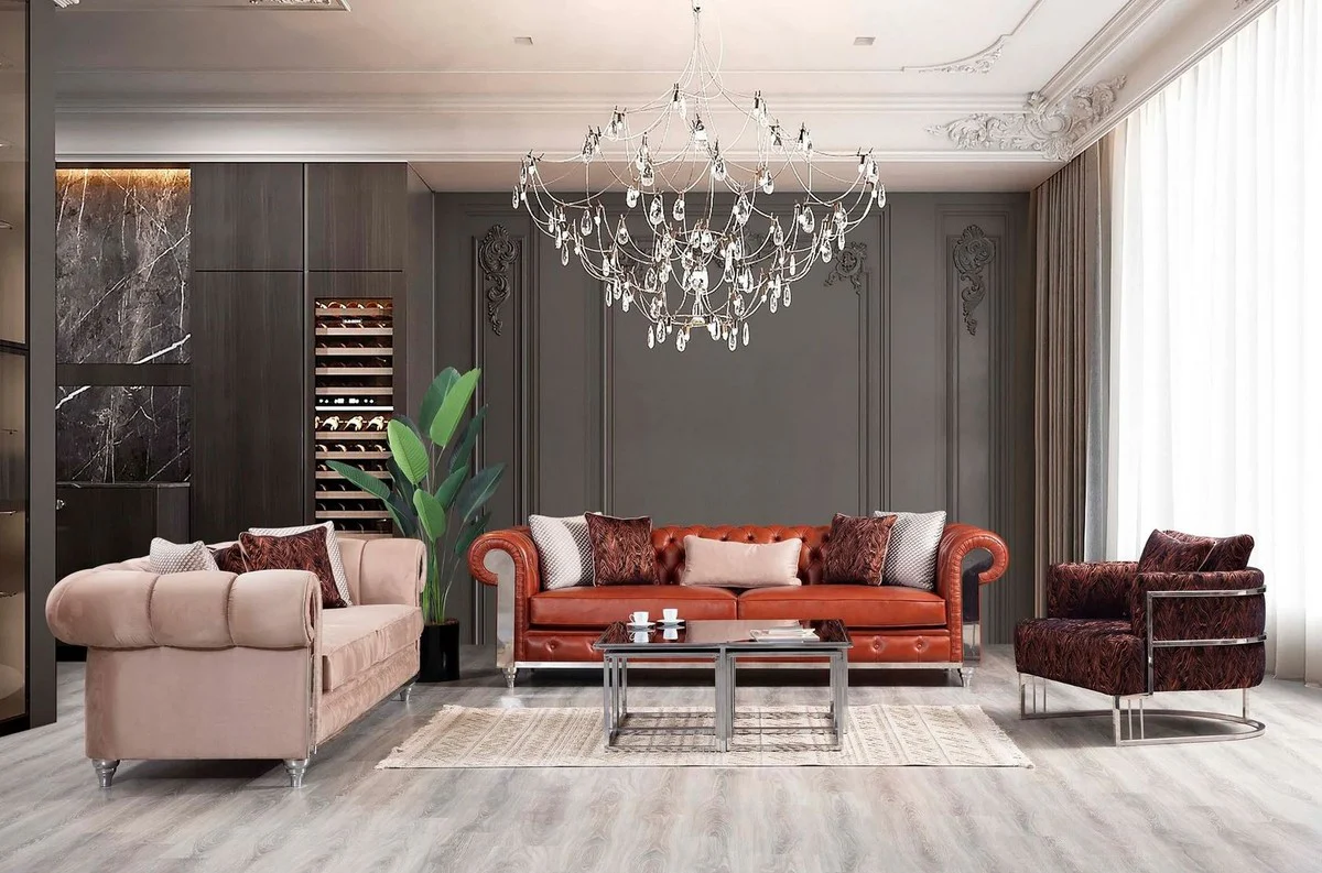 Casa Padrino sof¨¢ Chesterfield de lujo en cuero artificial marr¨®n / plata 270 x 100 x A. 70 cm - Sof¨¢ de sal¨®n - Muebles de sal¨®n - Muebles Chesterfield - Muebles de lujo