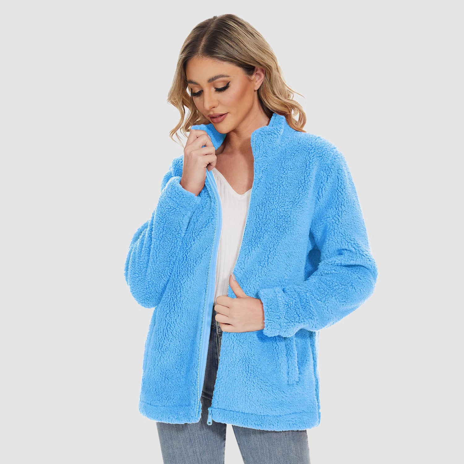 Women Sherpa Jacket Full-Zip Fuzzy Fleece Teddy Casual Coats Zip Pockets Winter Warm Soft Jackets
