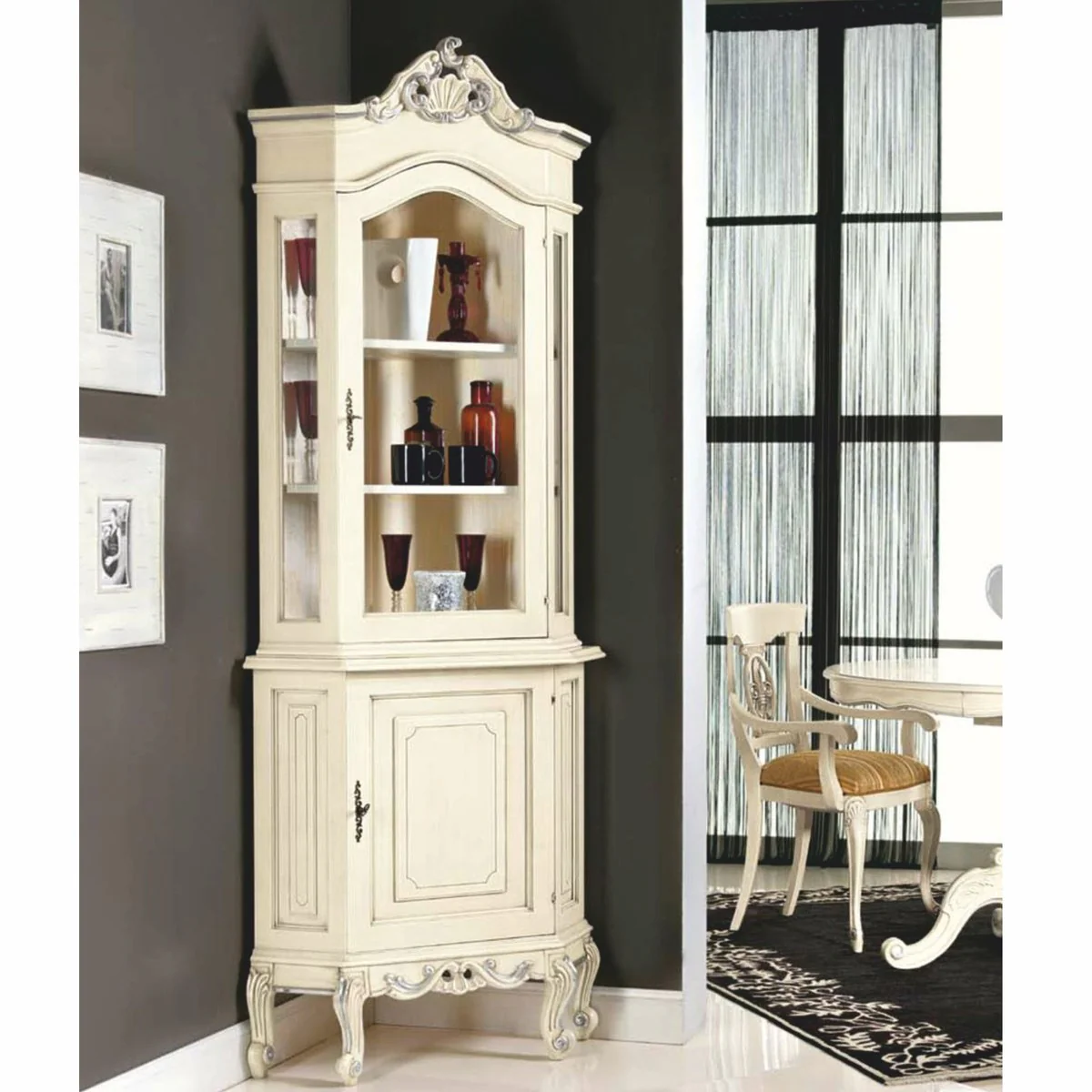 Casa Padrino vitrina de esquina barroco de lujo crema / plata A. 226 cm - Muebles Barrocos - Hecho en Italia
