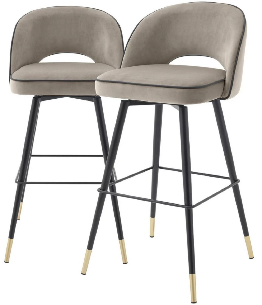 Casa Padrino conjunto de sillas de bar de lujo greige / negro / lat¨®n 51 x 52 x A. 103 cm - Taburetes de bar con asiento giratorio y tela de terciopelo noble - Muebles de Bar de Lujo