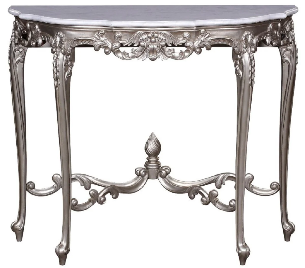 Casa Padrino consola barroco de lujo plata / blanco - Consola de madera maciza hecha a mano con tapa de m¨¢rmol - Muebles Barrocos