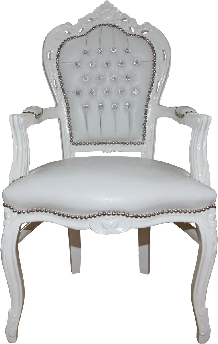 Silla de comedor barroca Casa Padrino con reposabrazos blanco / blanco, piel de croco con rhinestone bling bling