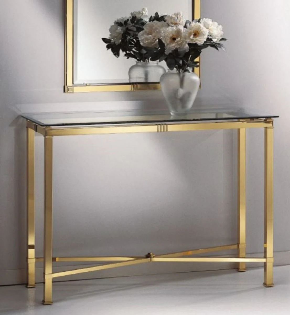 Casa Padrino espejo consola de lujo lat¨®n - 1 Consola con Tapa de Vidrio y 1 Espejo de Pared - Muebles de Lujo