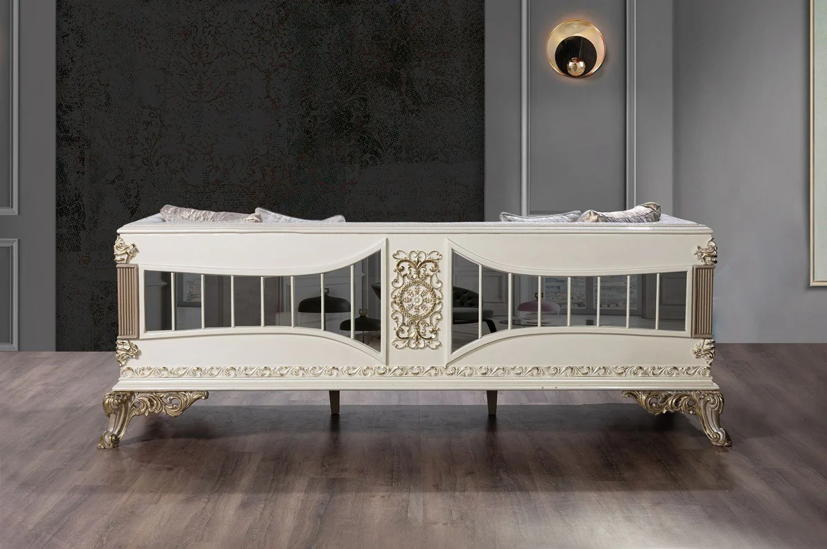 Casa Padrino sof¨¢ barroco de lujo plata / blanco / gris / oro - Sof¨¢ de sal¨®n de estilo barroco con espejo - Muebles de sal¨®n de lujo en estilo barroco - Muebles barrocos