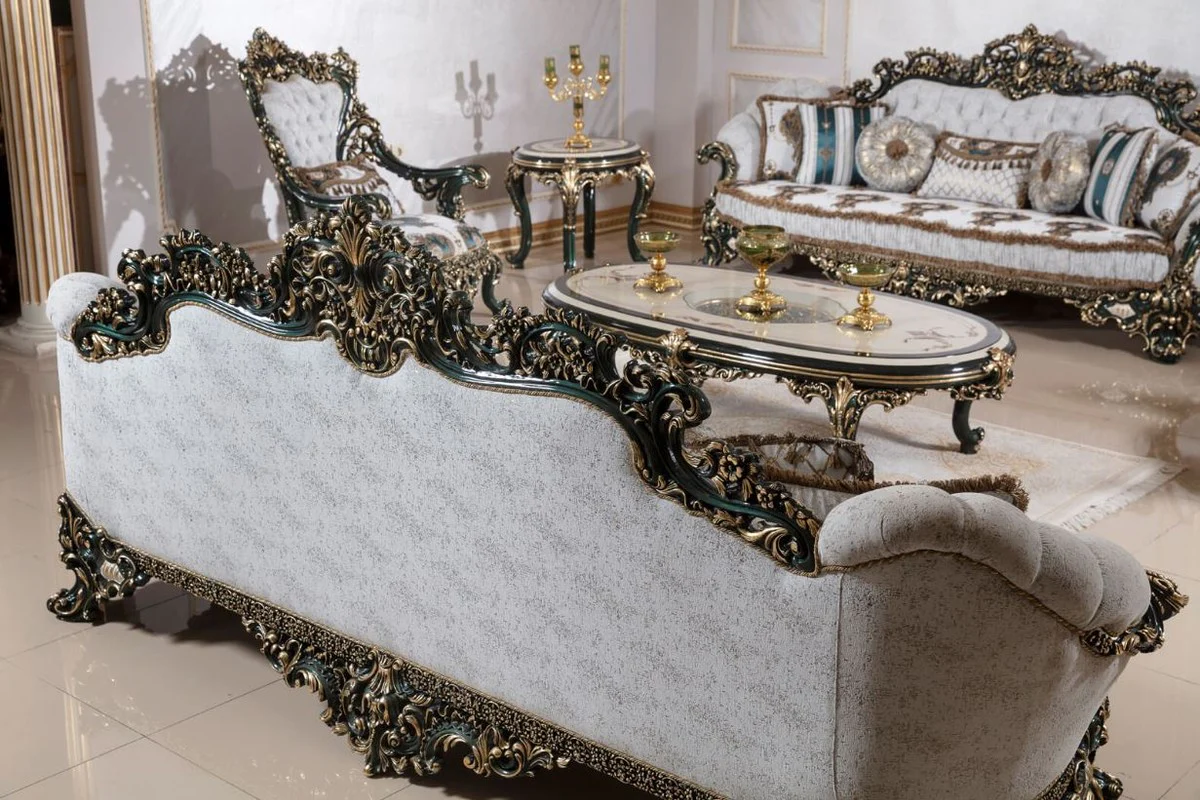 Casa Padrino mesa de centro barroco de lujo beige / blanco / verde / oro - Magn¨ªfica mesa de sal¨®n de madera maciza con tapa de vidrio - Muebles de sal¨®n barrocos - Noble y Magn¨ªfica